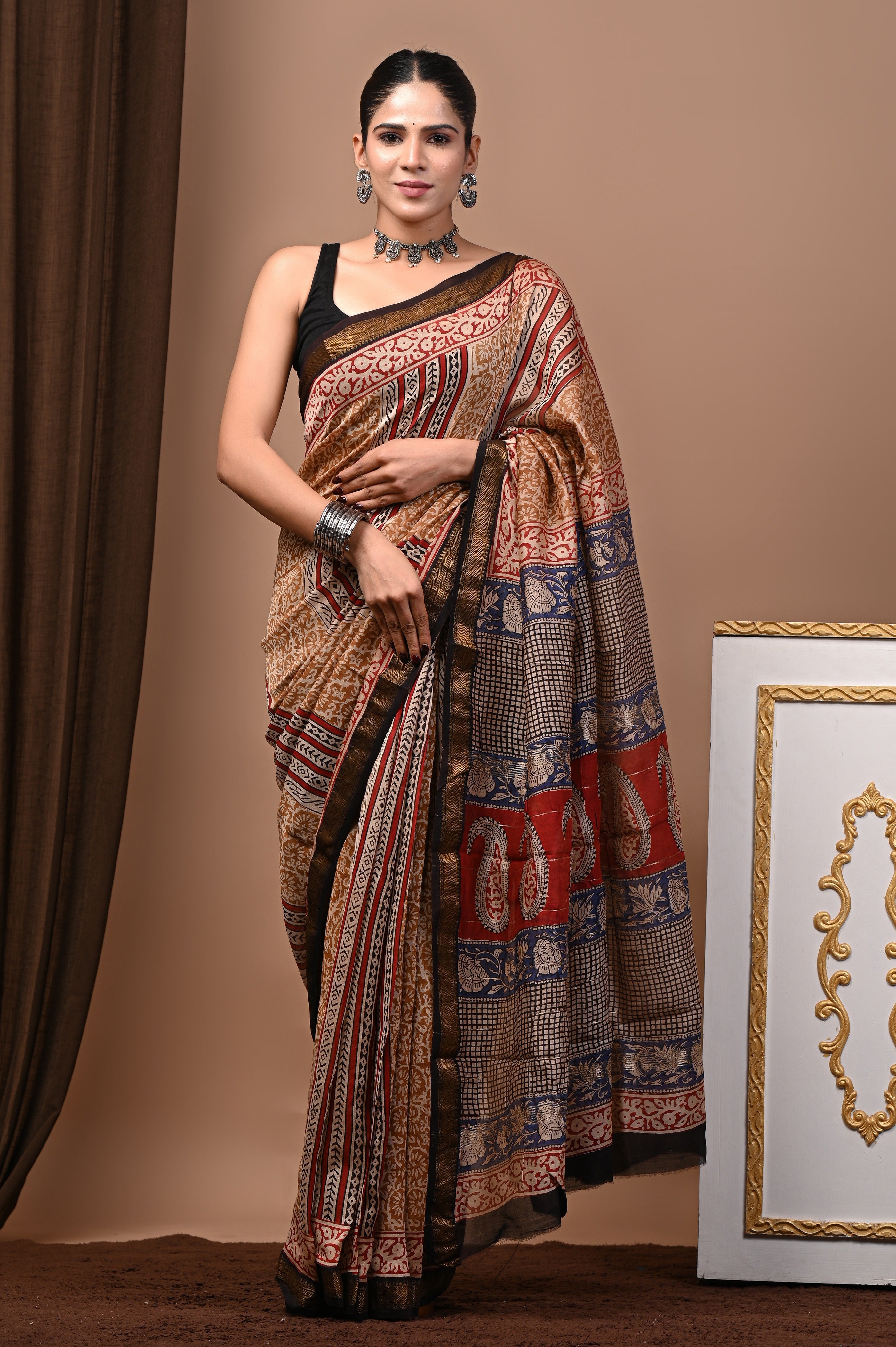 Beige Red Blue Maheshwari Silk Saree
