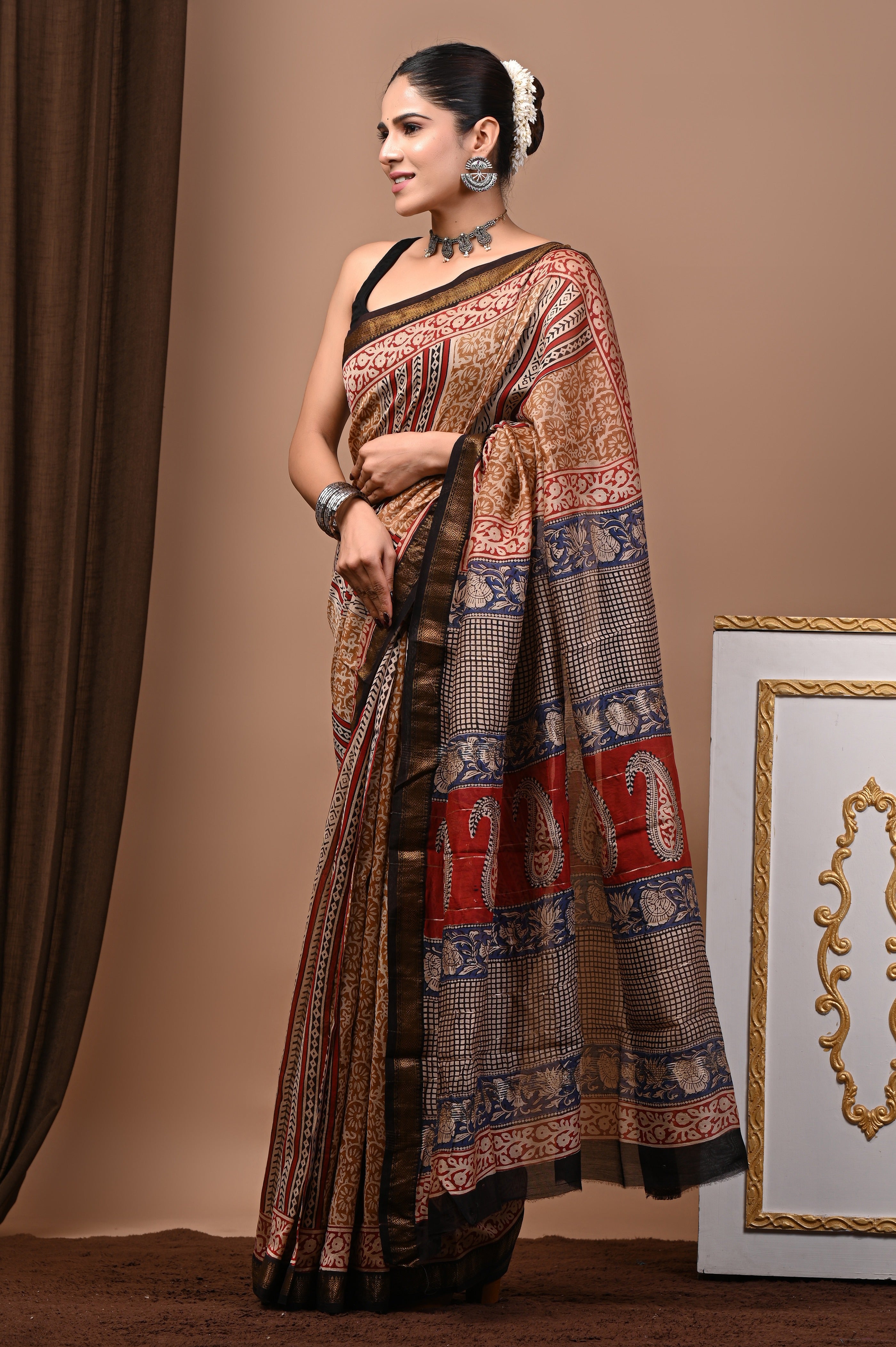 Beige Red Blue Maheshwari Silk Saree