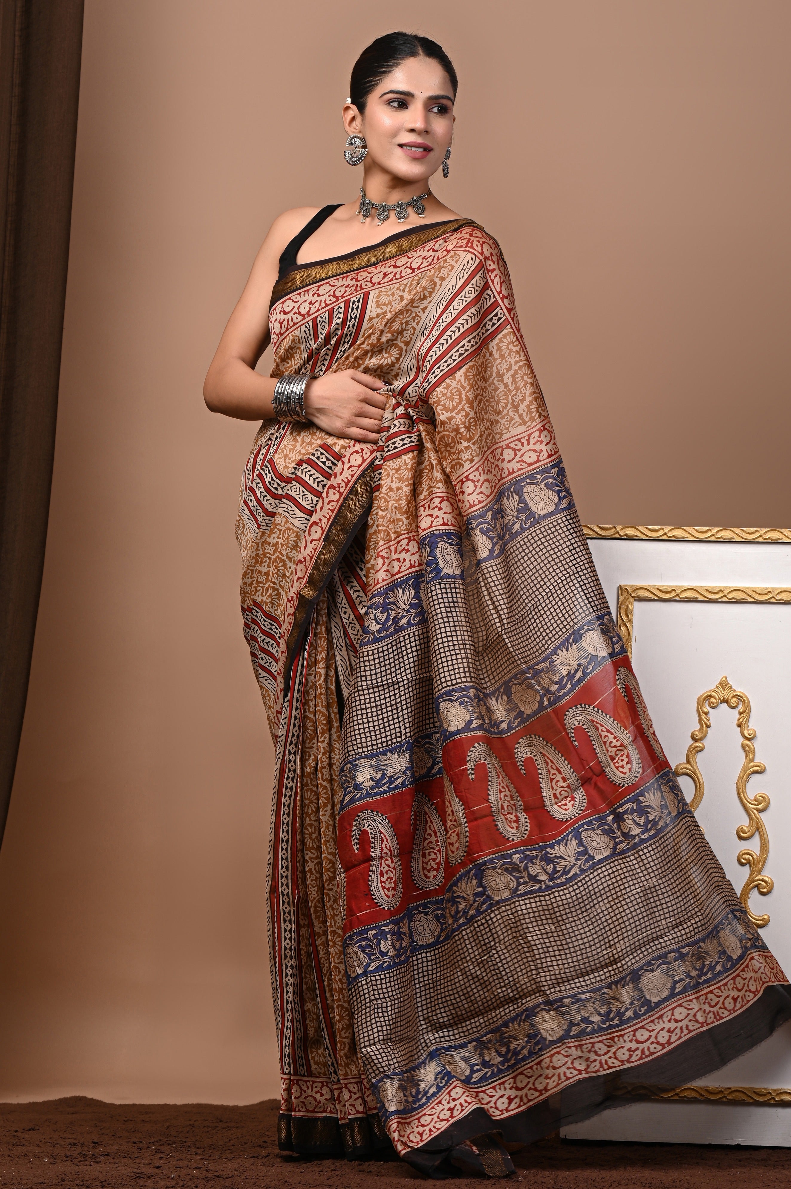 Beige Red Blue Maheshwari Silk Saree