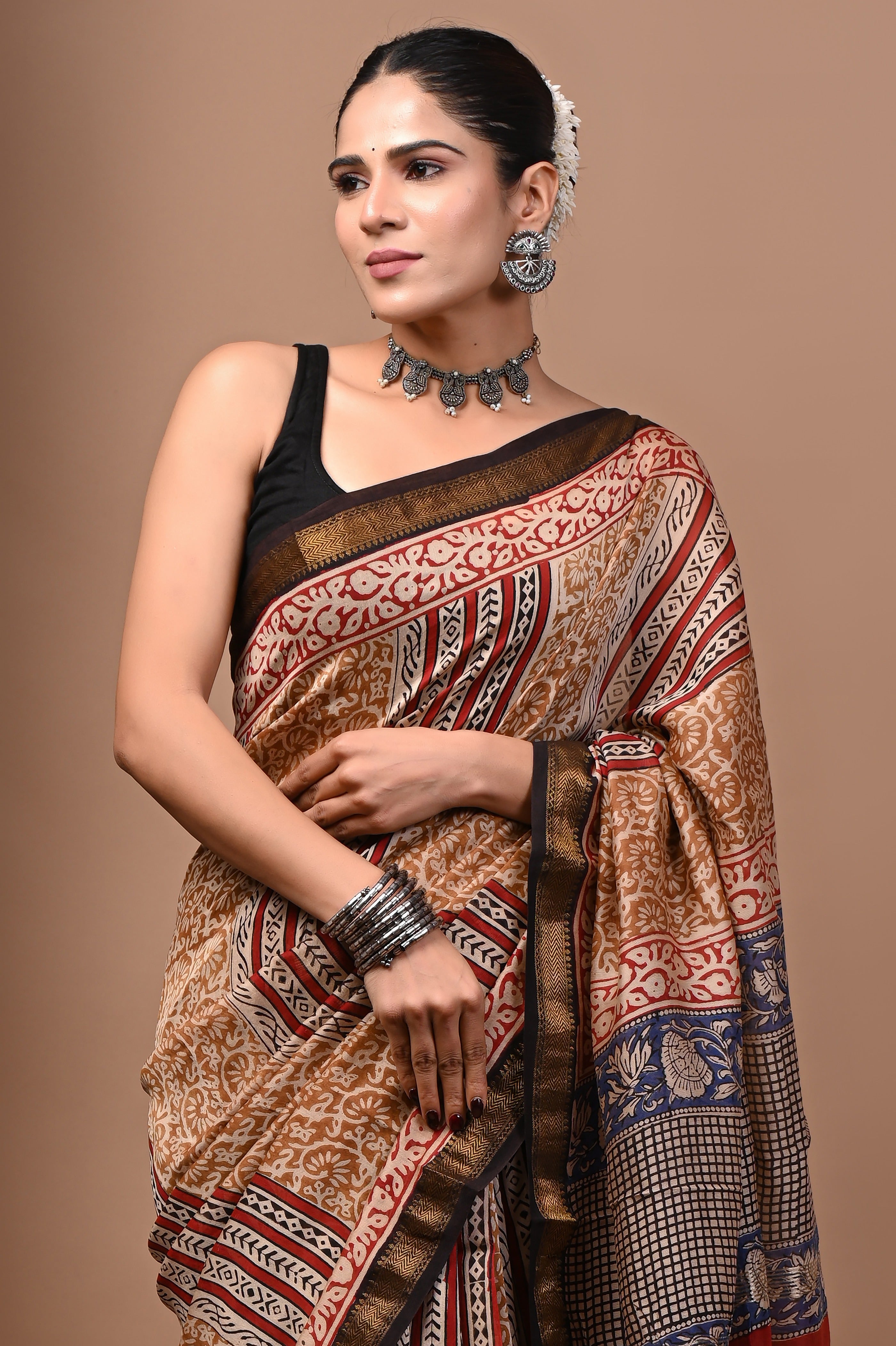 Beige Red Blue Maheshwari Silk Saree