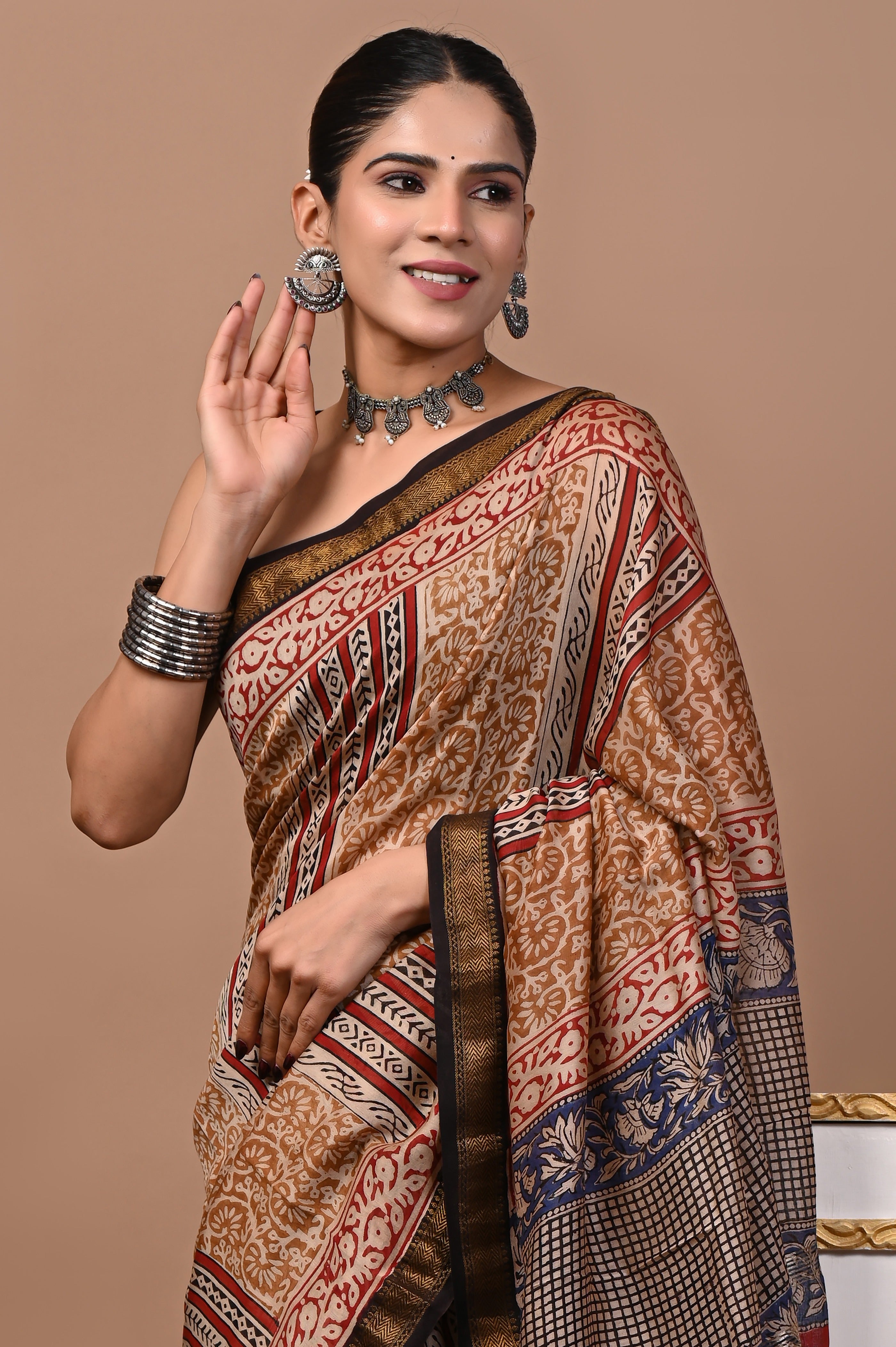 Beige Red Blue Maheshwari Silk Saree
