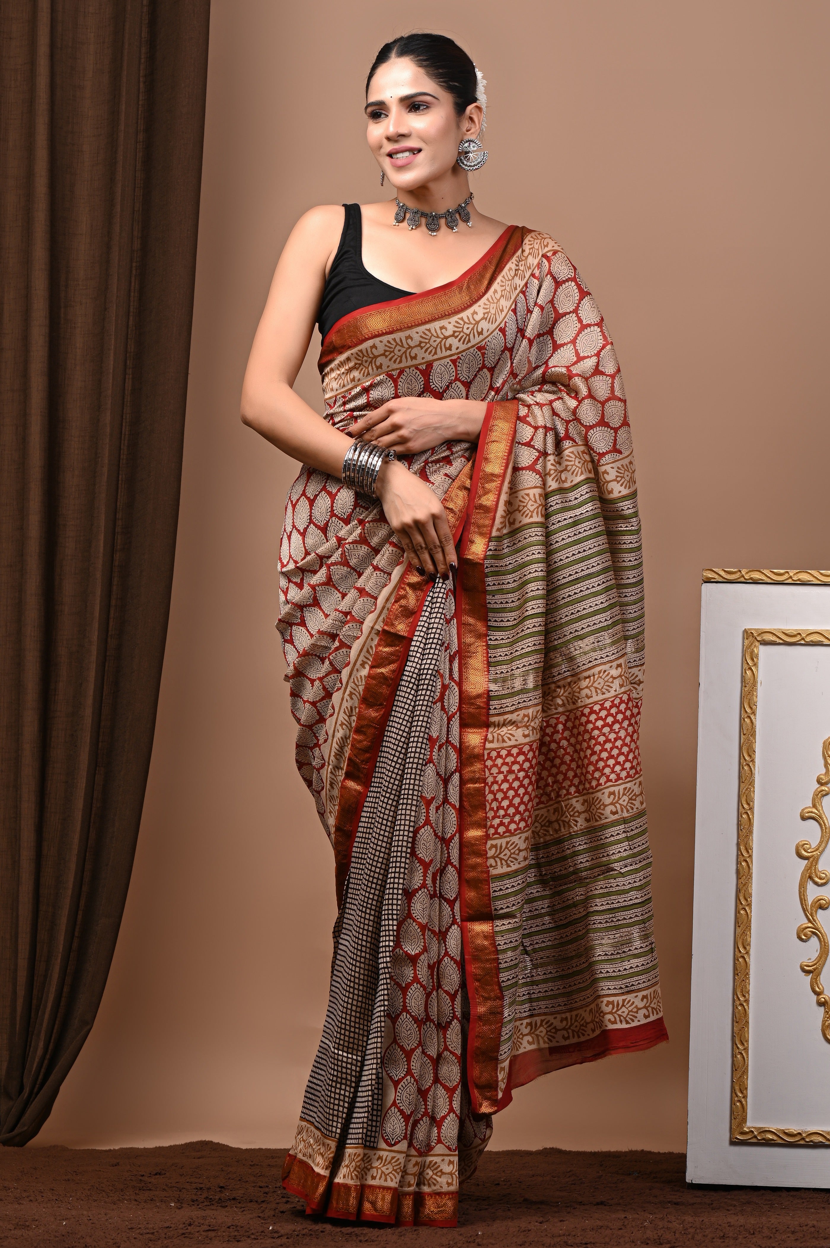 Beige Red Green Maheshwari Silk Saree