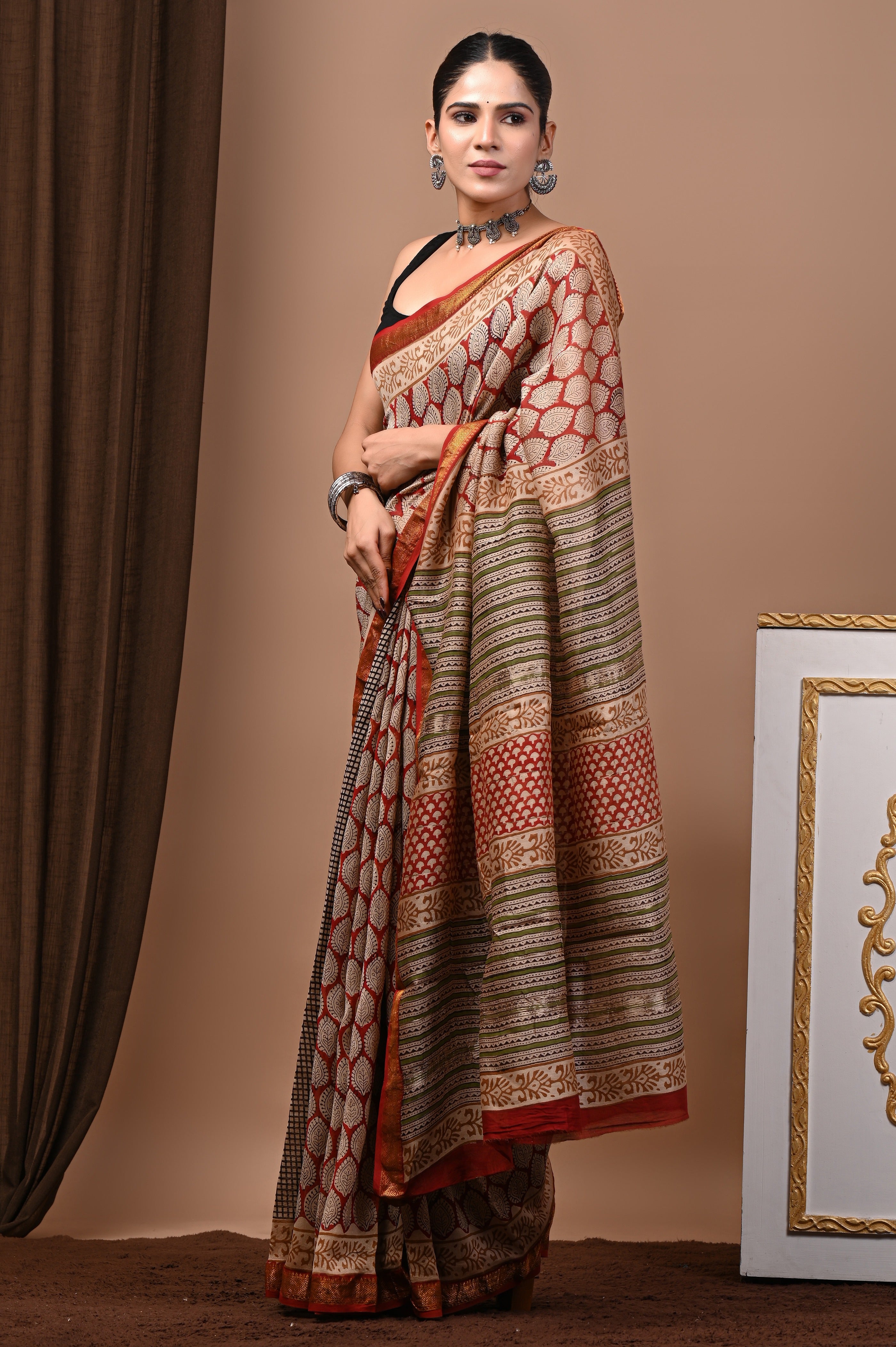 Beige Red Green Maheshwari Silk Saree