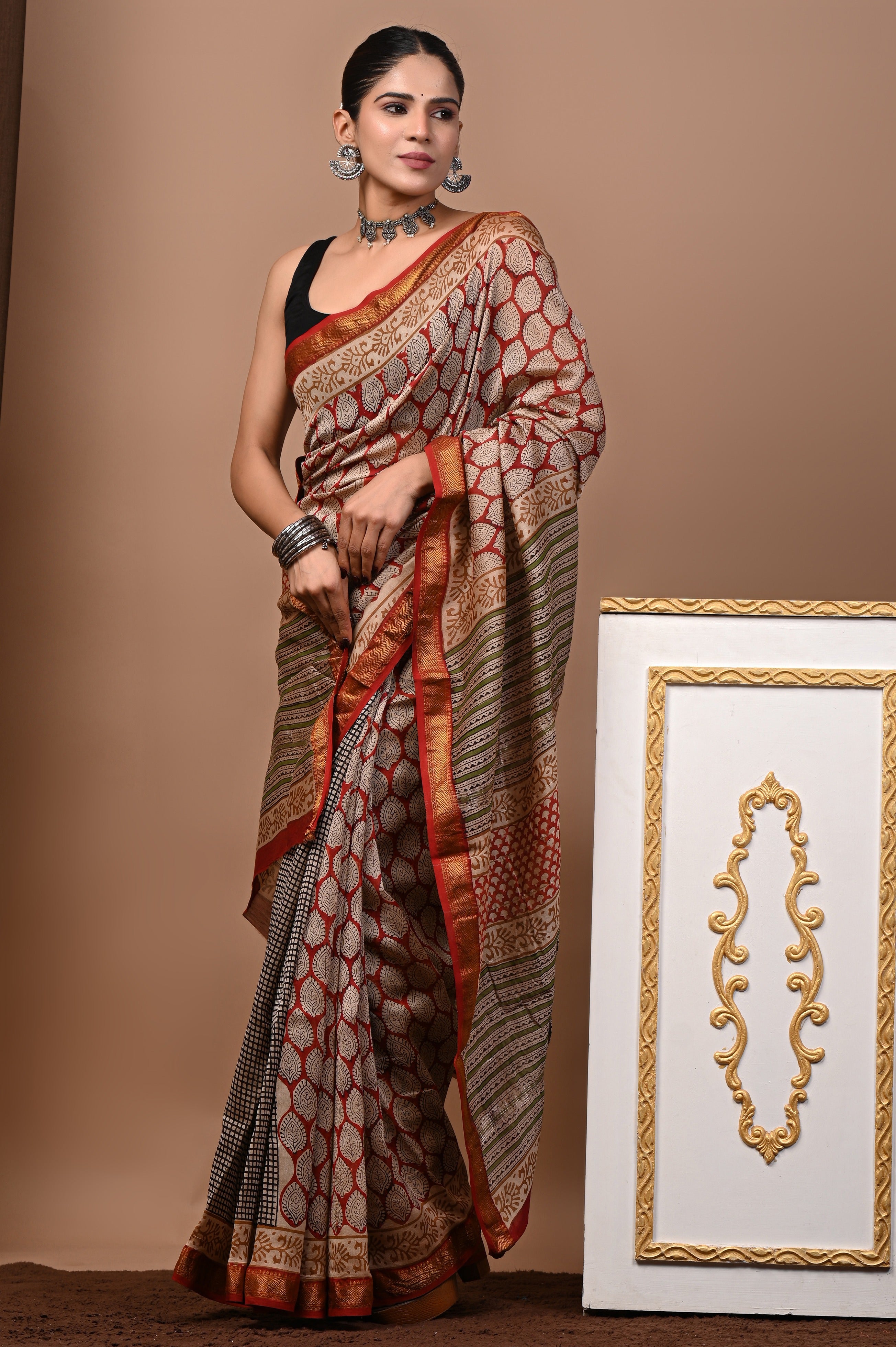 Beige Red Green Maheshwari Silk Saree