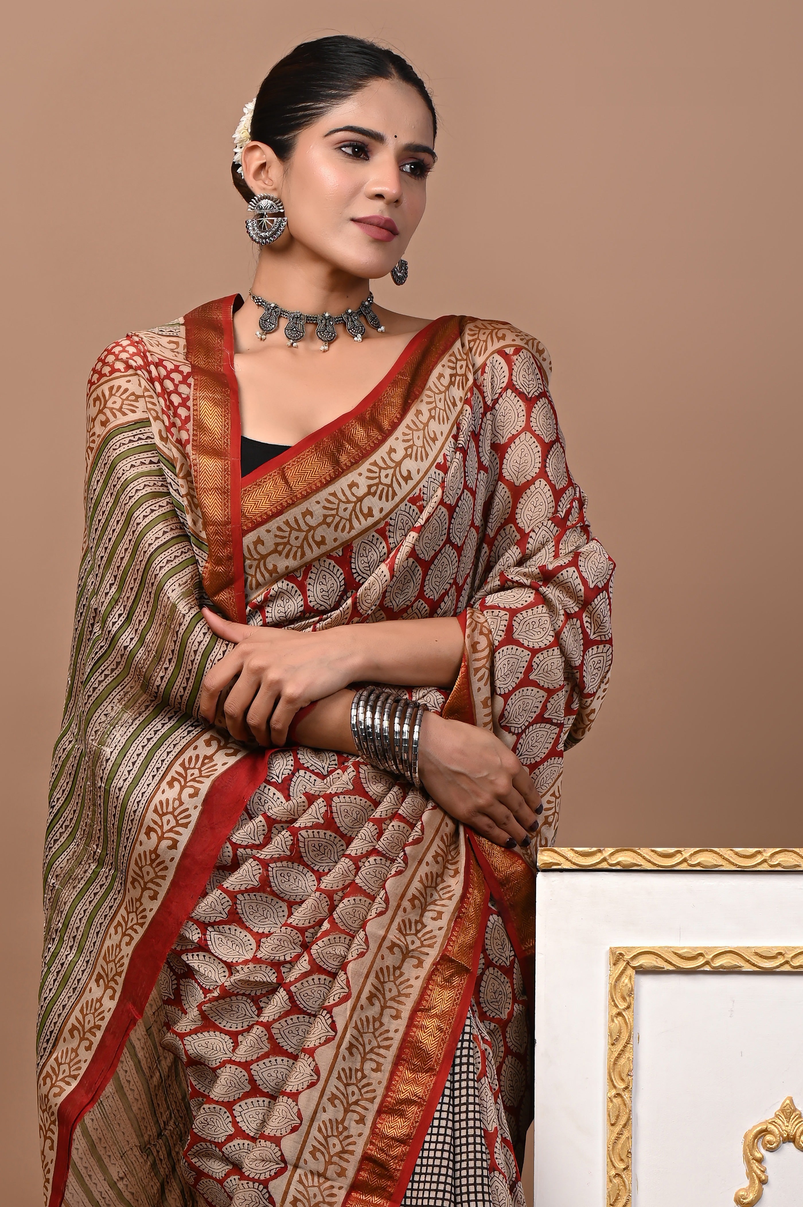 Beige Red Green Maheshwari Silk Saree