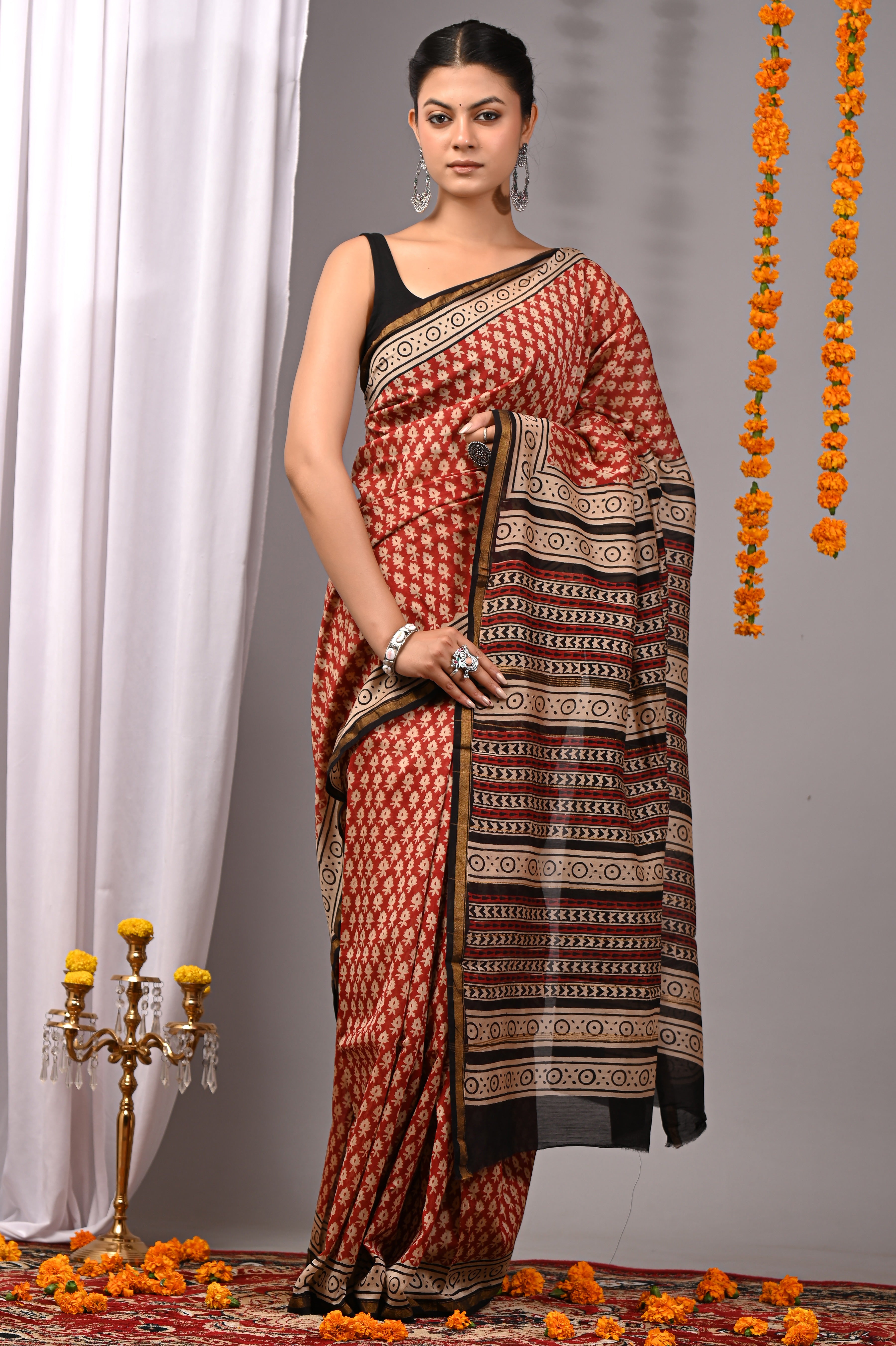 Rust Red Chanderi Silk Hand Printed Saree