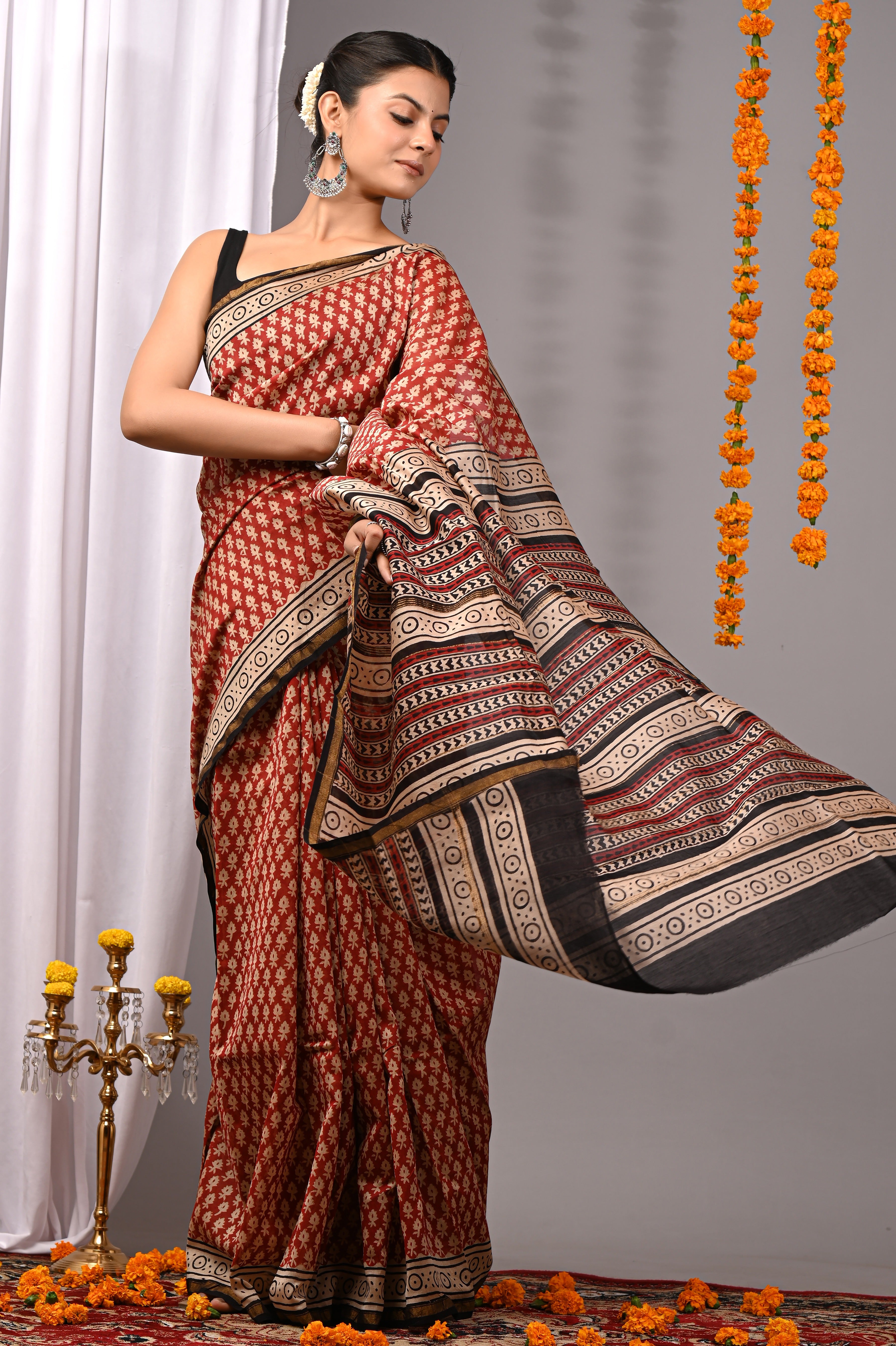 Rust Red Chanderi Silk Hand Printed Saree