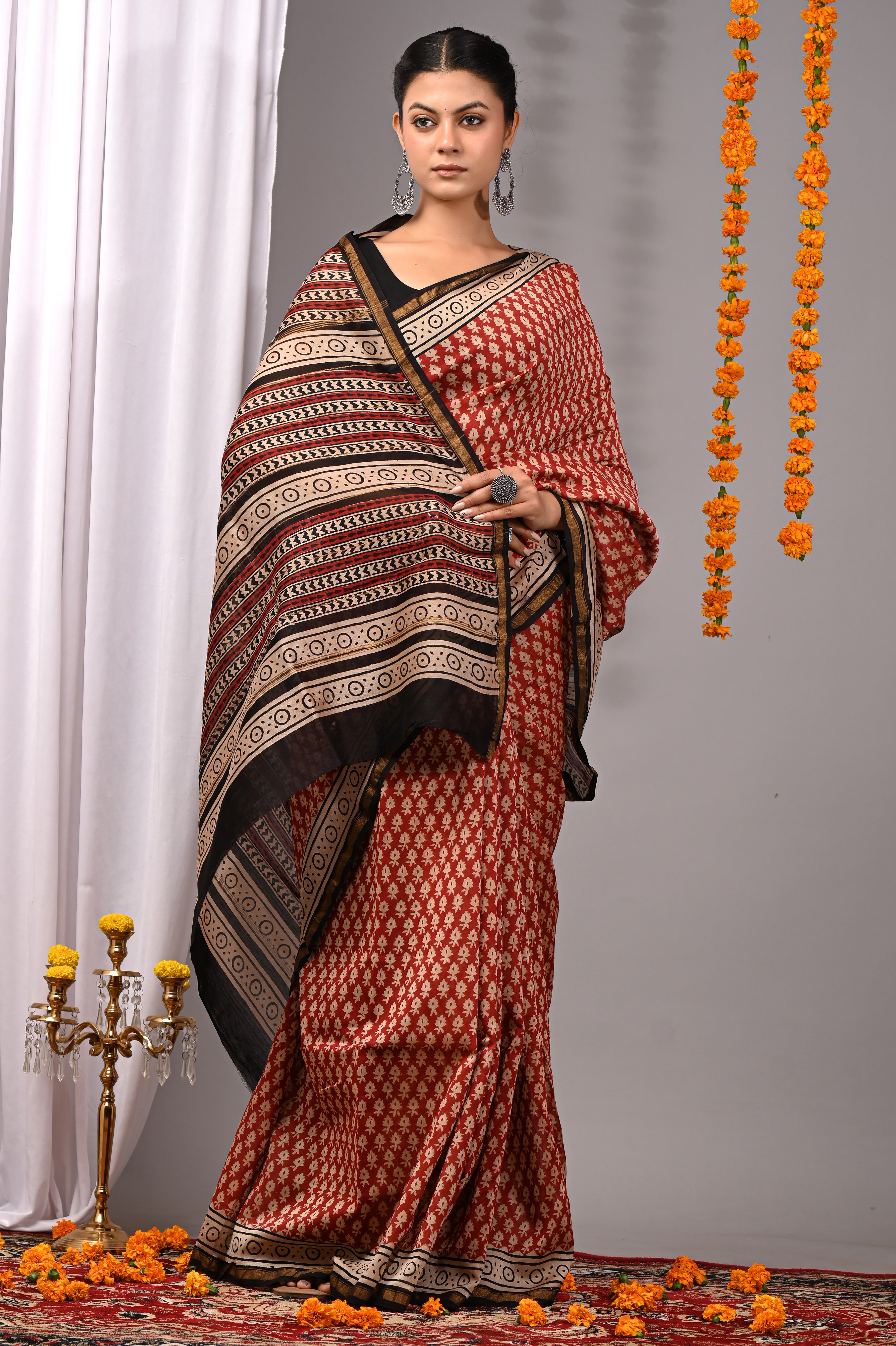 Rust Red Chanderi Silk Hand Printed Saree