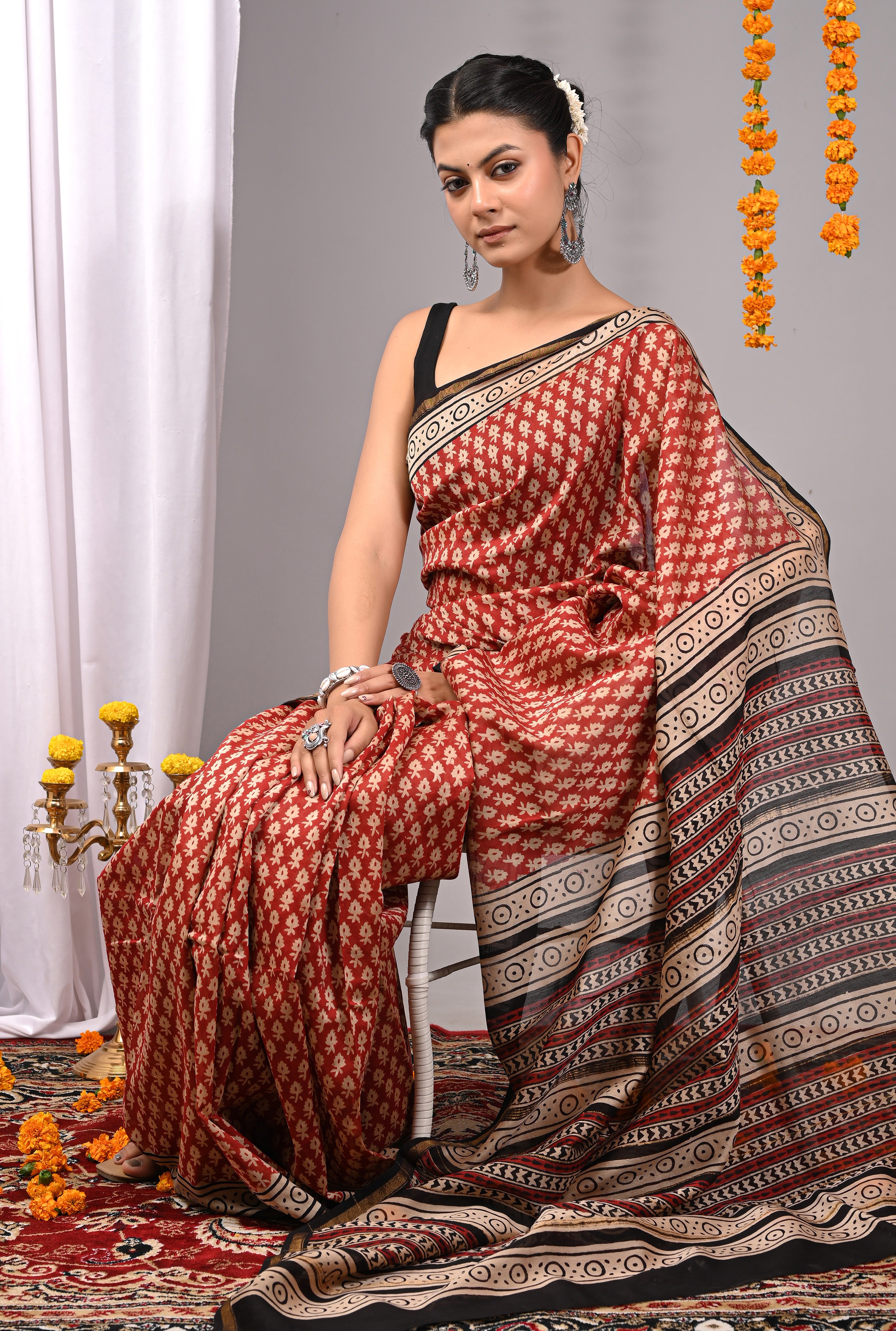 Rust Red Chanderi Silk Hand Printed Saree