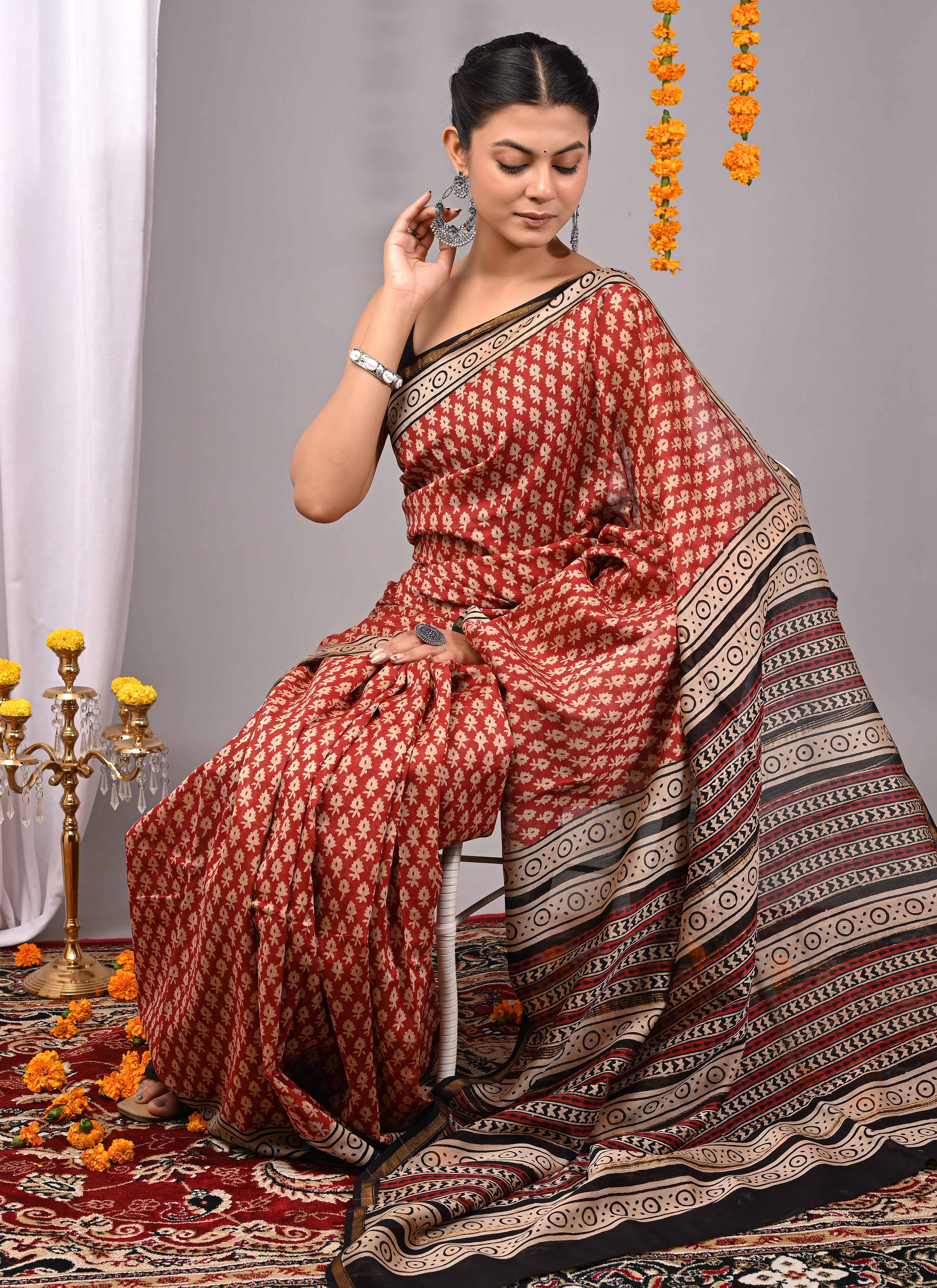 Rust Red Chanderi Silk Hand Printed Saree