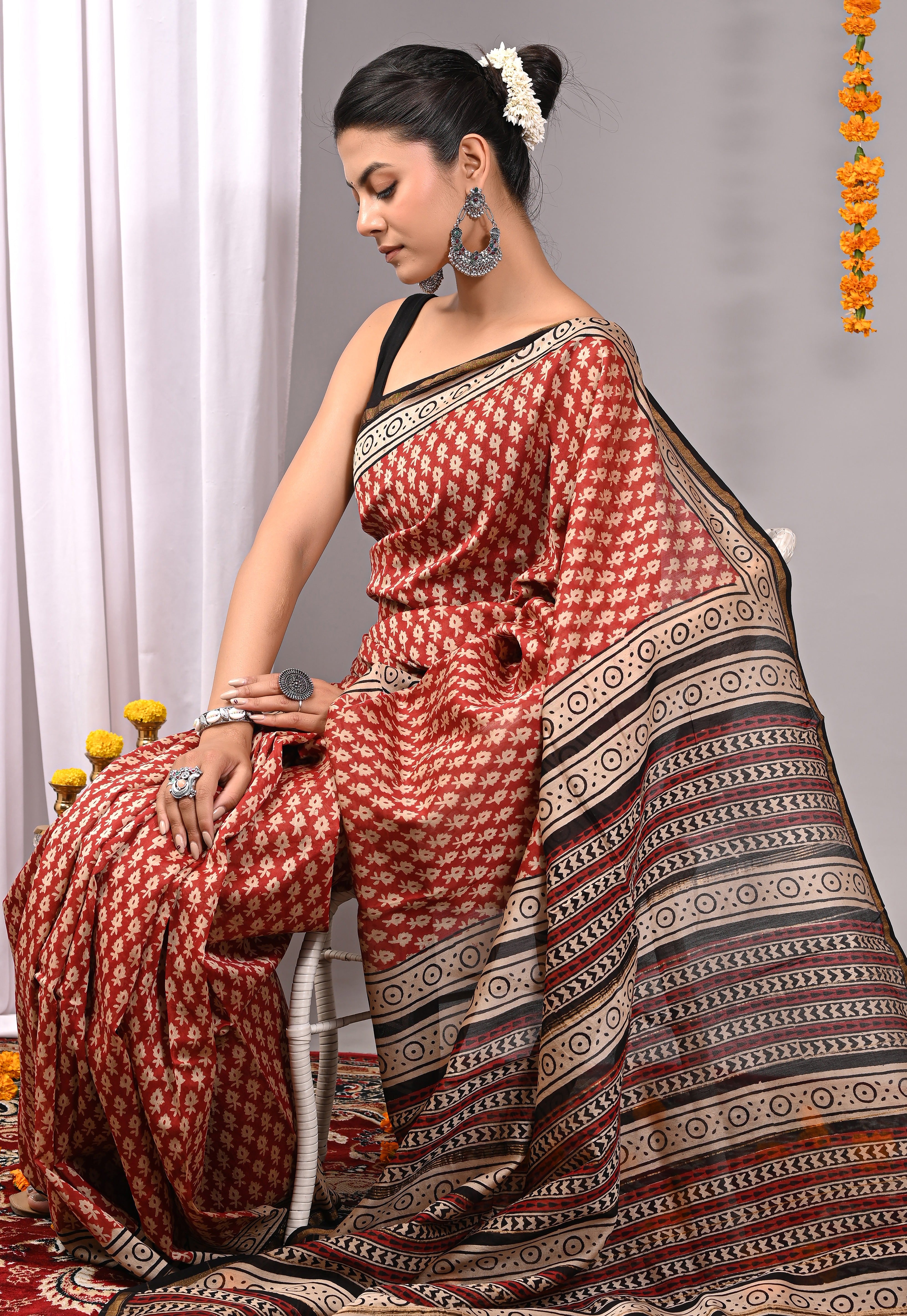 Rust Red Chanderi Silk Hand Printed Saree