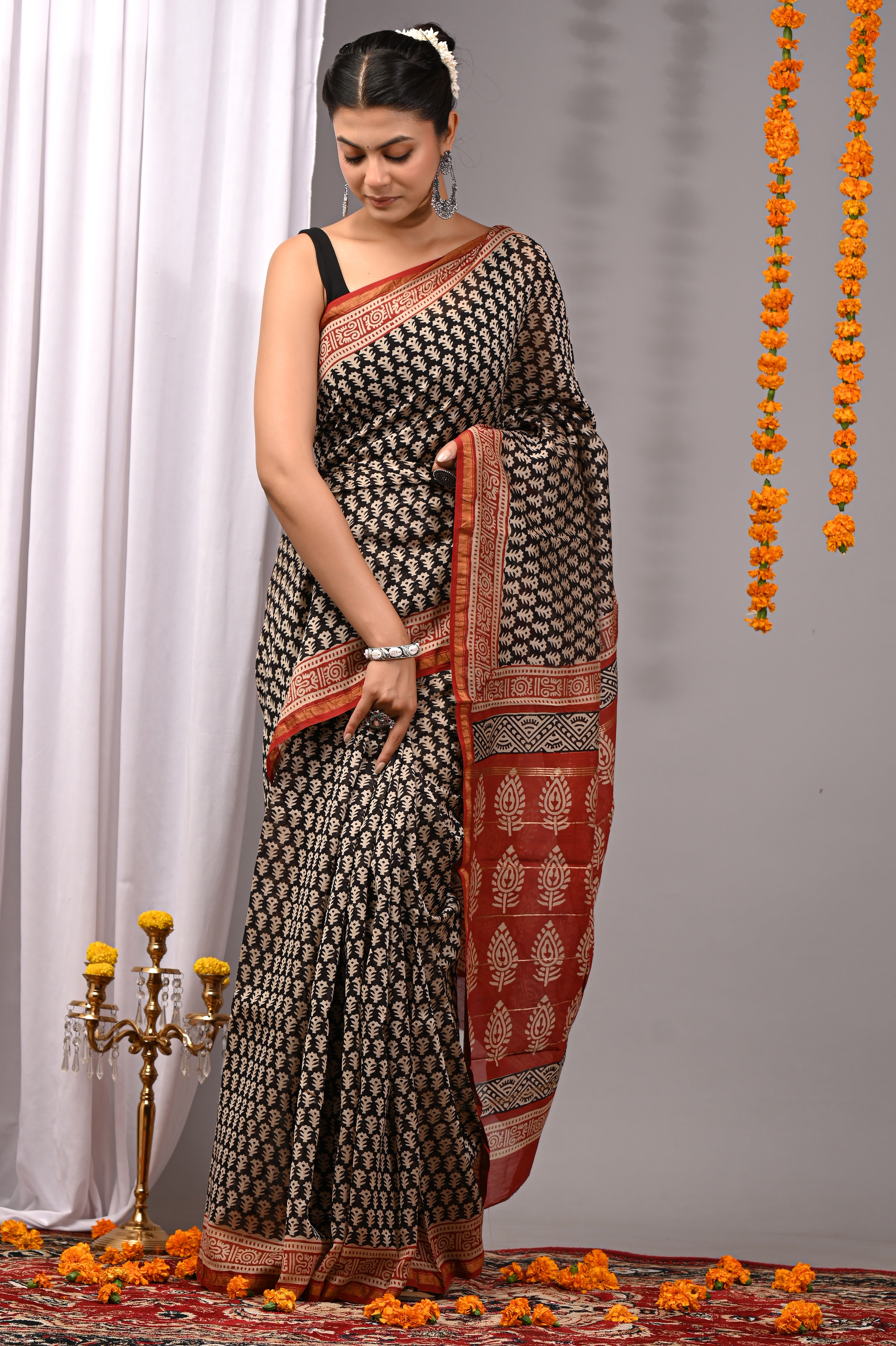 Charcoal Black Chanderi Silk Hand Printed Saree