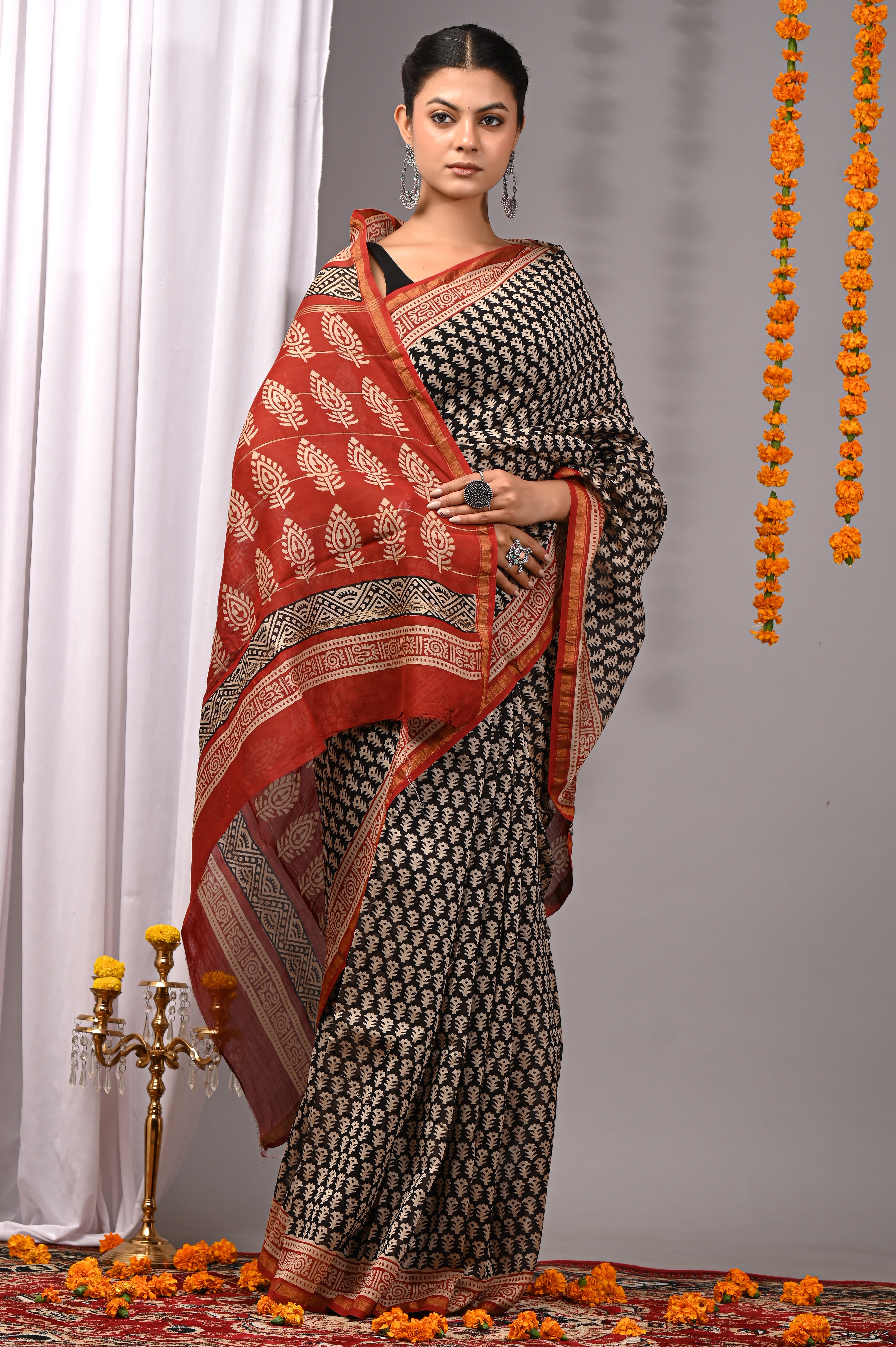 Charcoal Black Chanderi Silk Hand Printed Saree