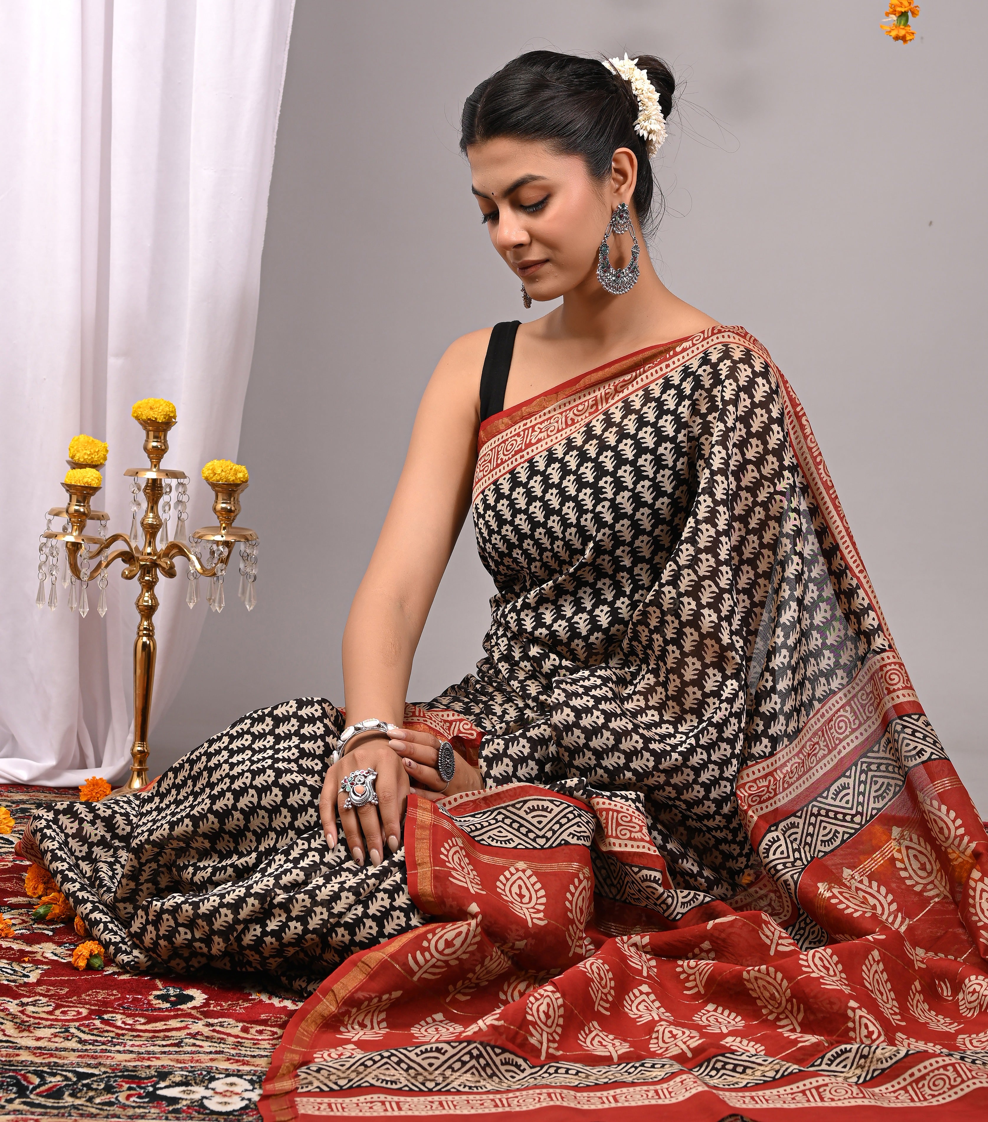 Charcoal Black Chanderi Silk Hand Printed Saree