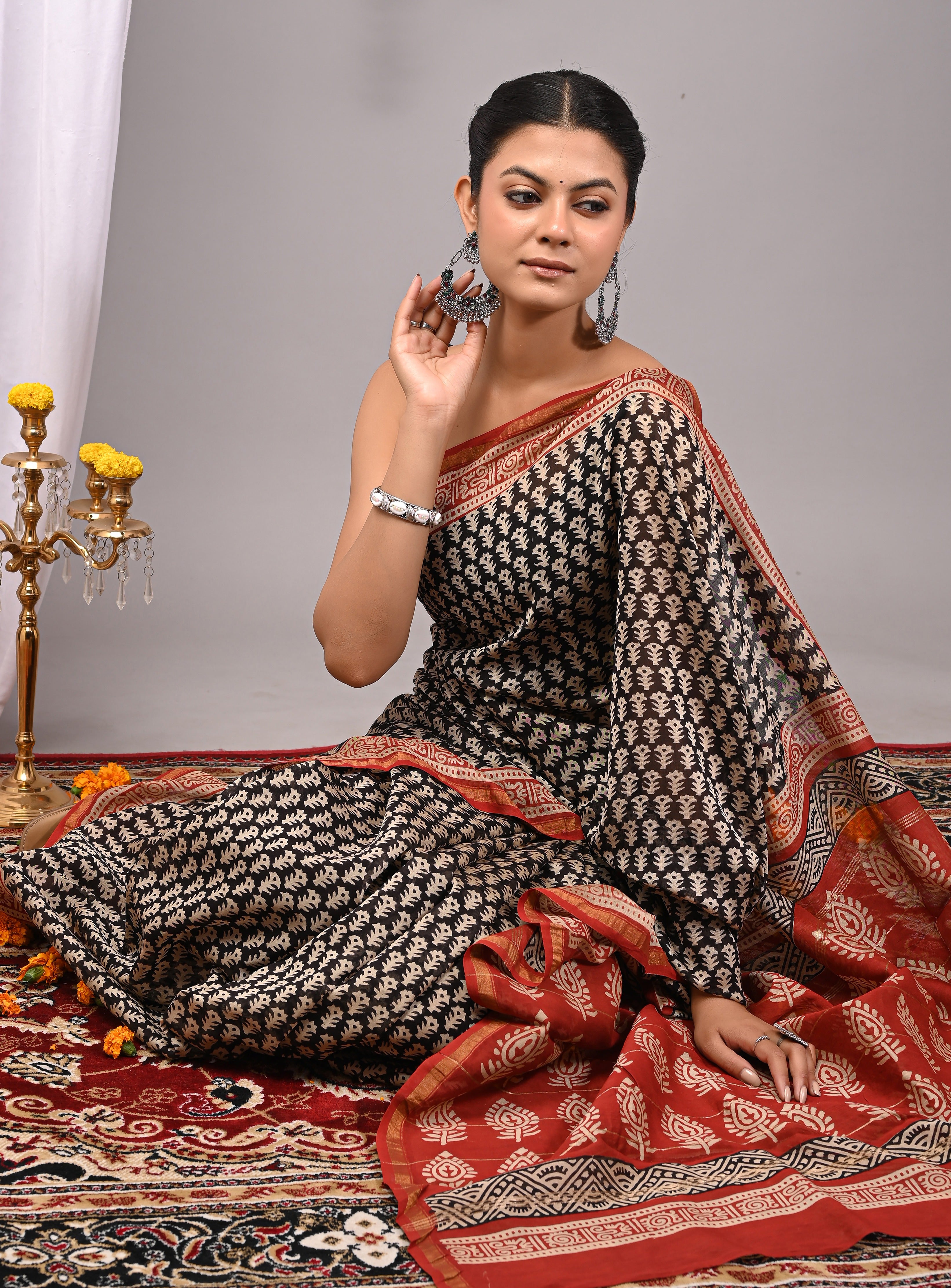 Charcoal Black Chanderi Silk Hand Printed Saree