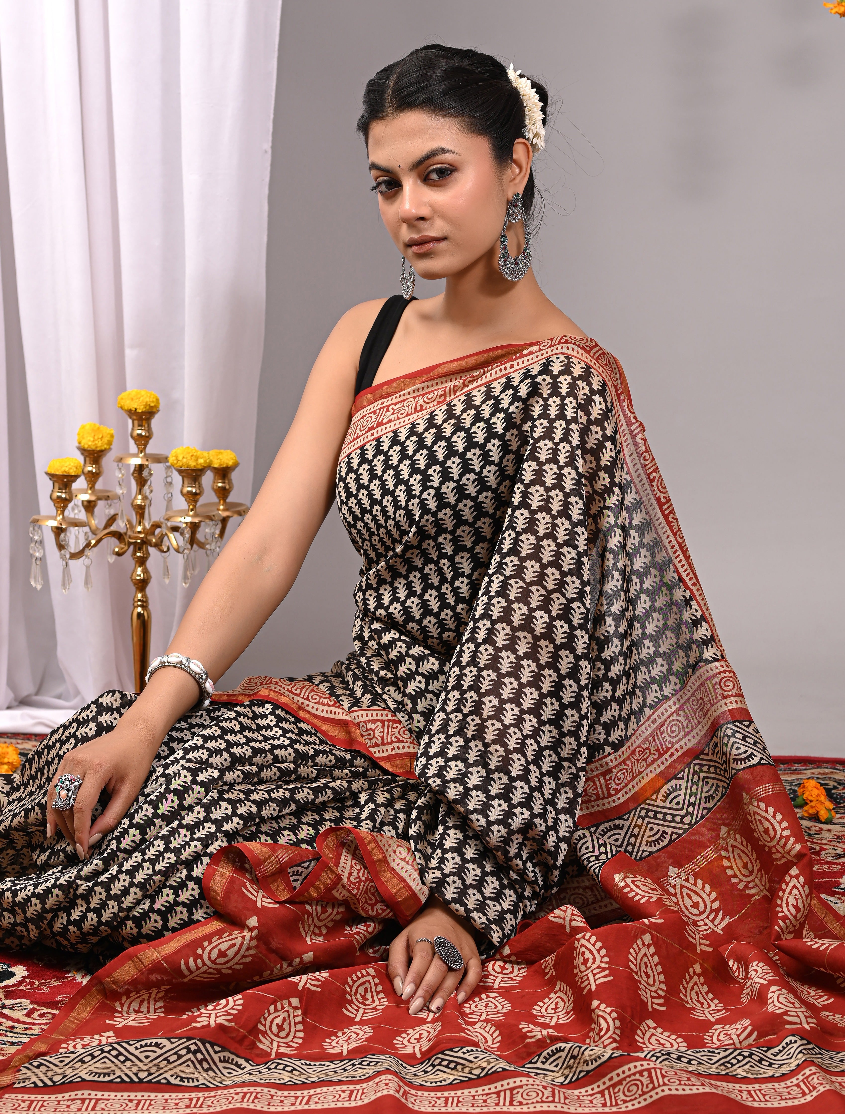 Charcoal Black Chanderi Silk Hand Printed Saree