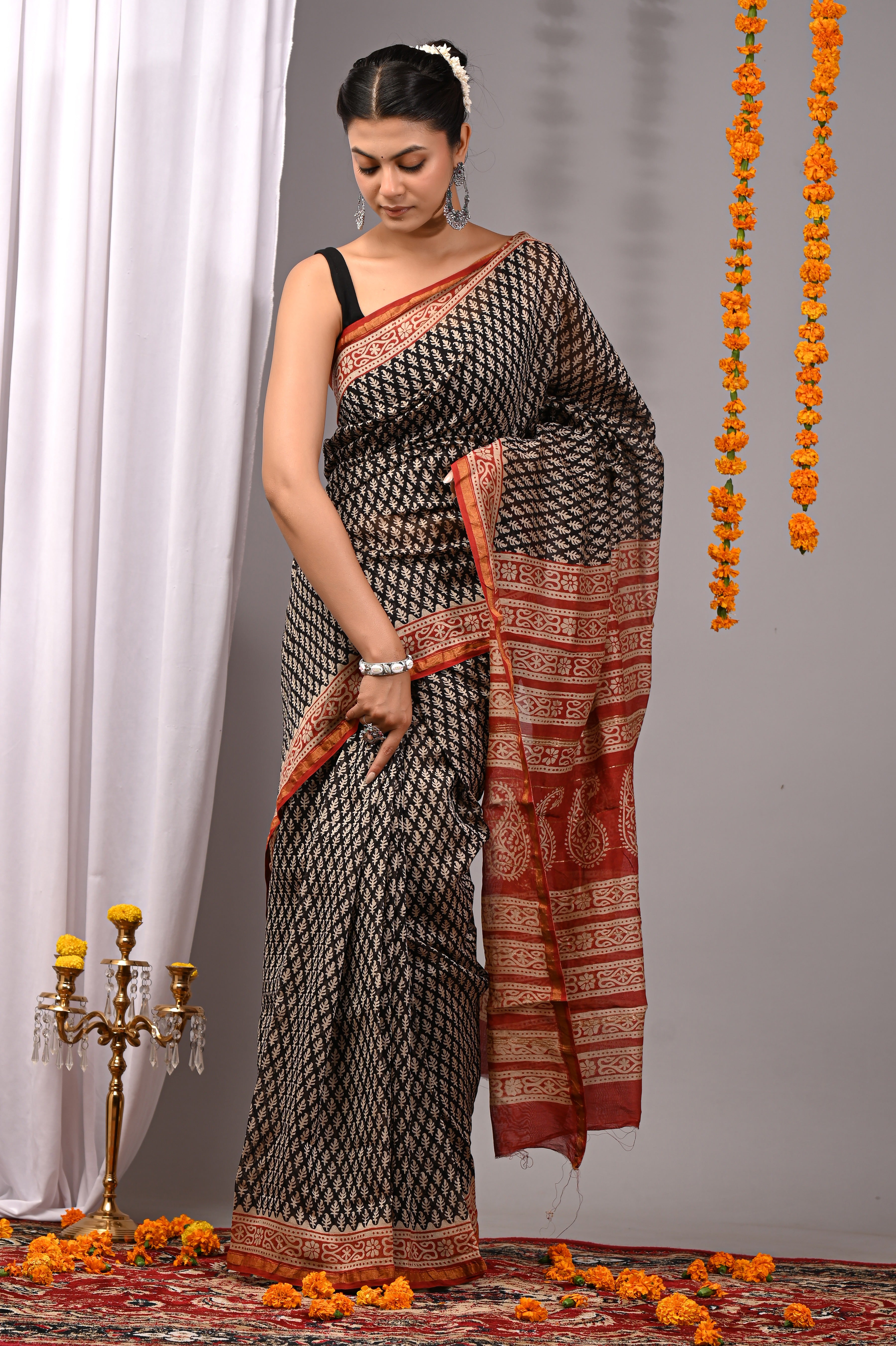 Charcoal Black Chanderi Silk Hand Printed Saree