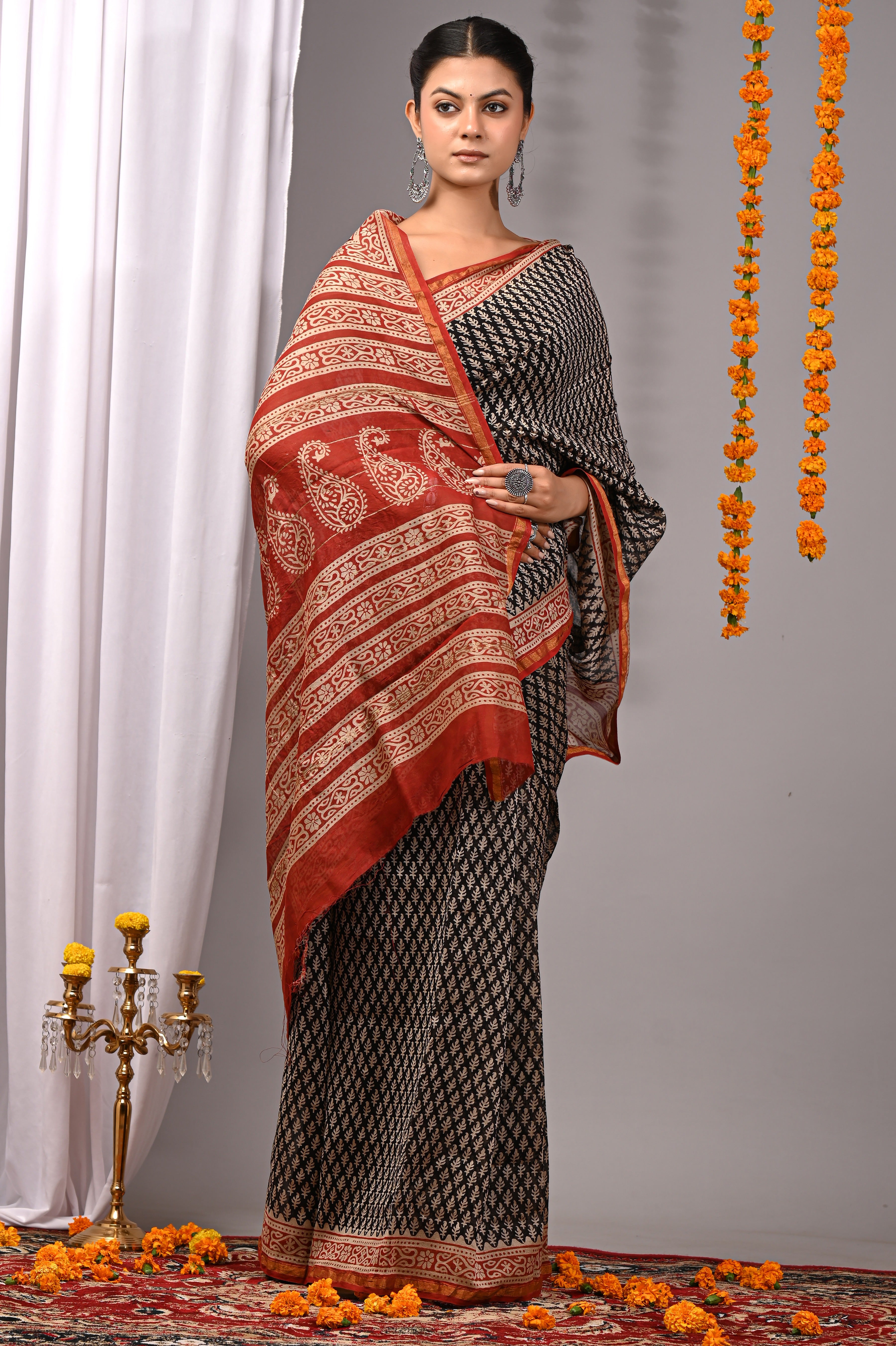 Charcoal Black Chanderi Silk Hand Printed Saree