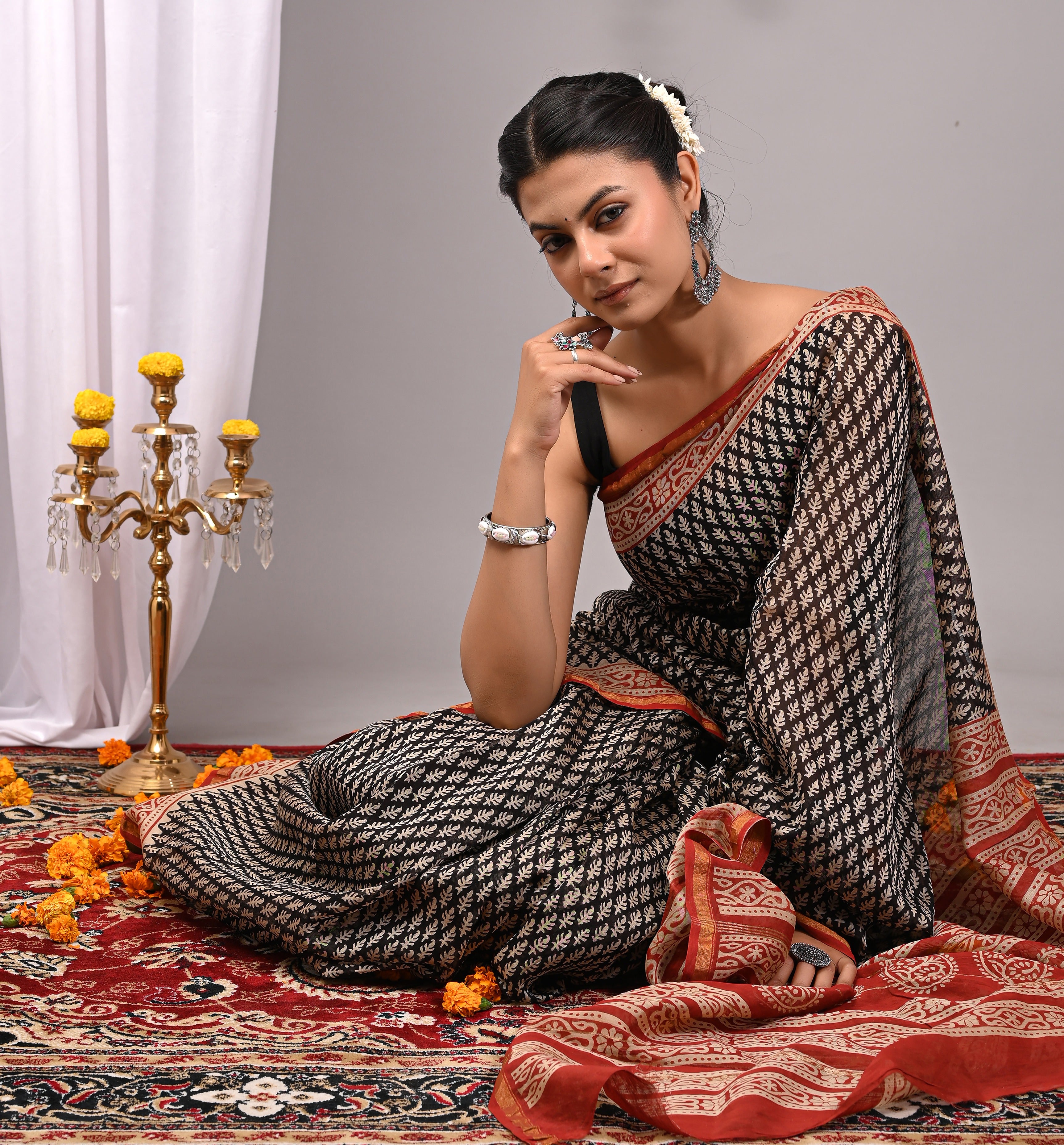 Charcoal Black Chanderi Silk Hand Printed Saree