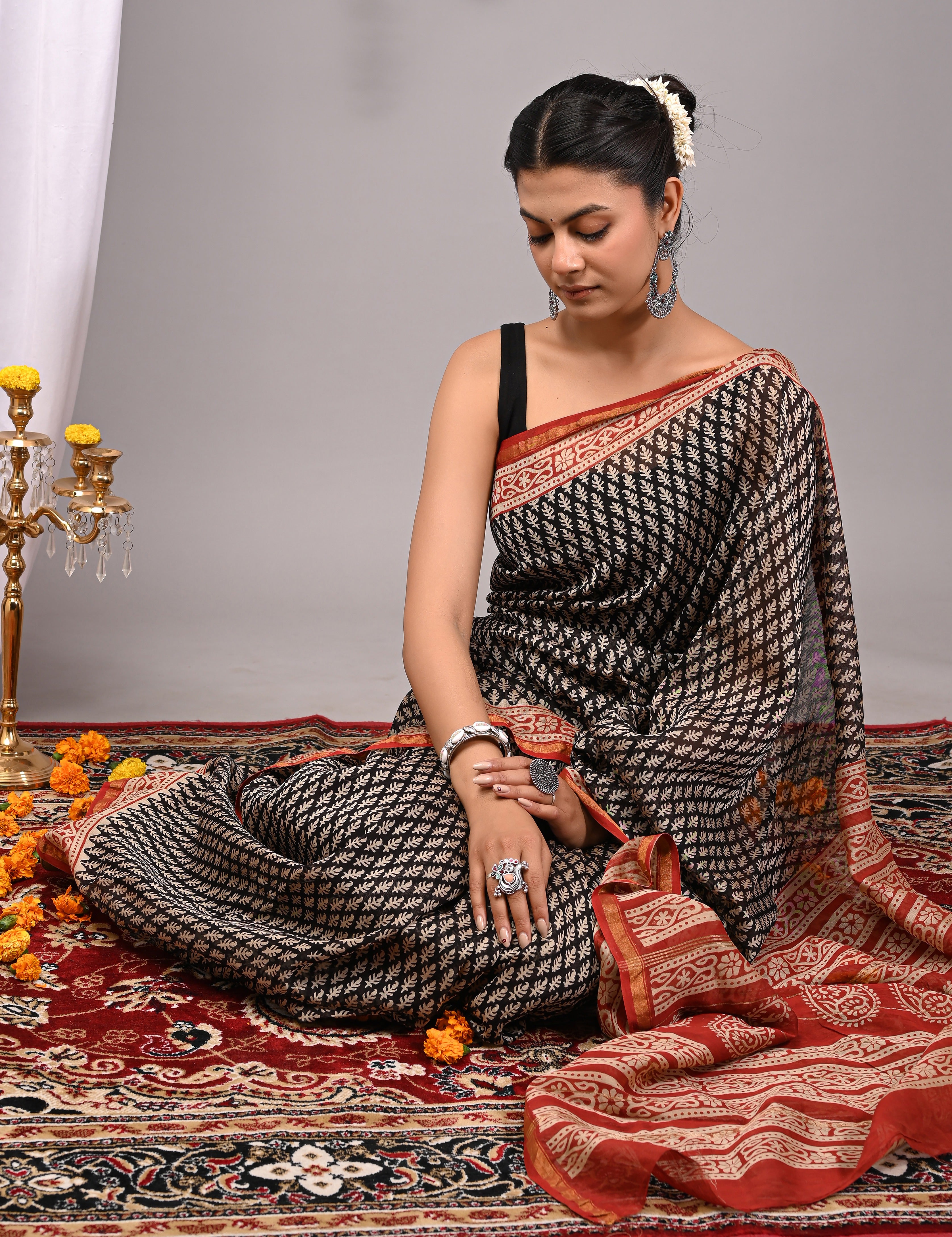 Charcoal Black Chanderi Silk Hand Printed Saree