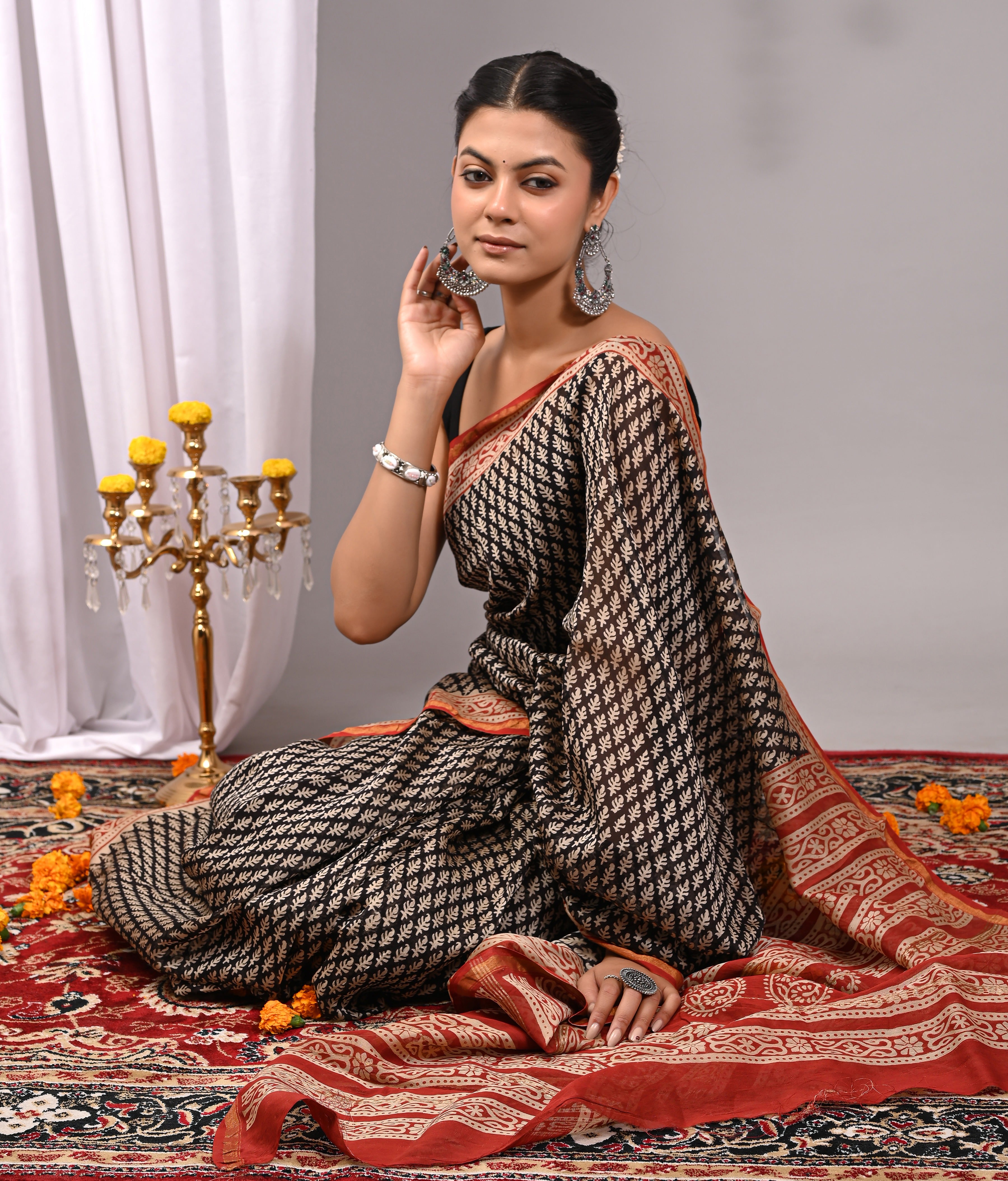 Charcoal Black Chanderi Silk Hand Printed Saree