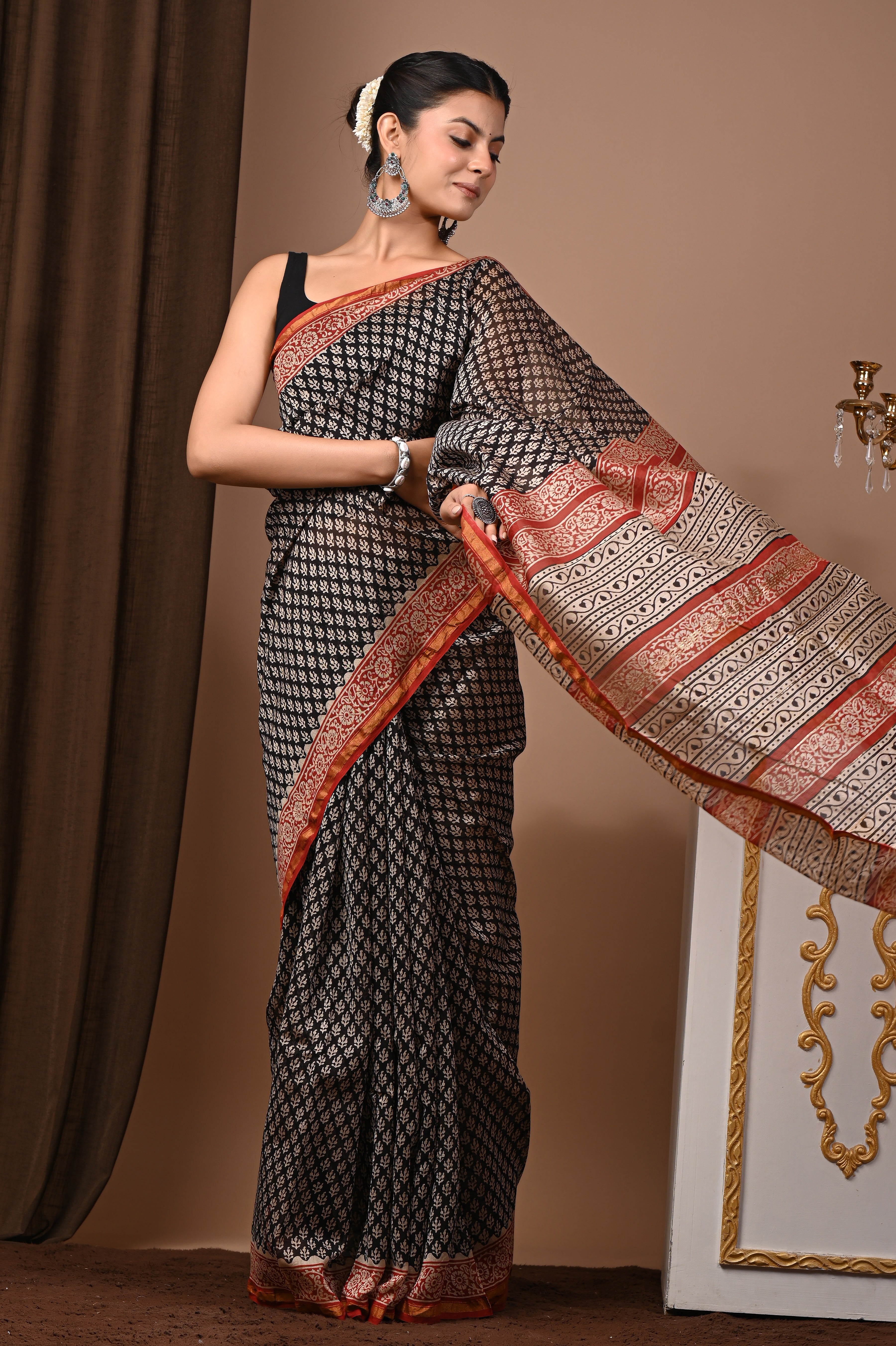 Deep Black Chanderi Silk Hand Printed Saree