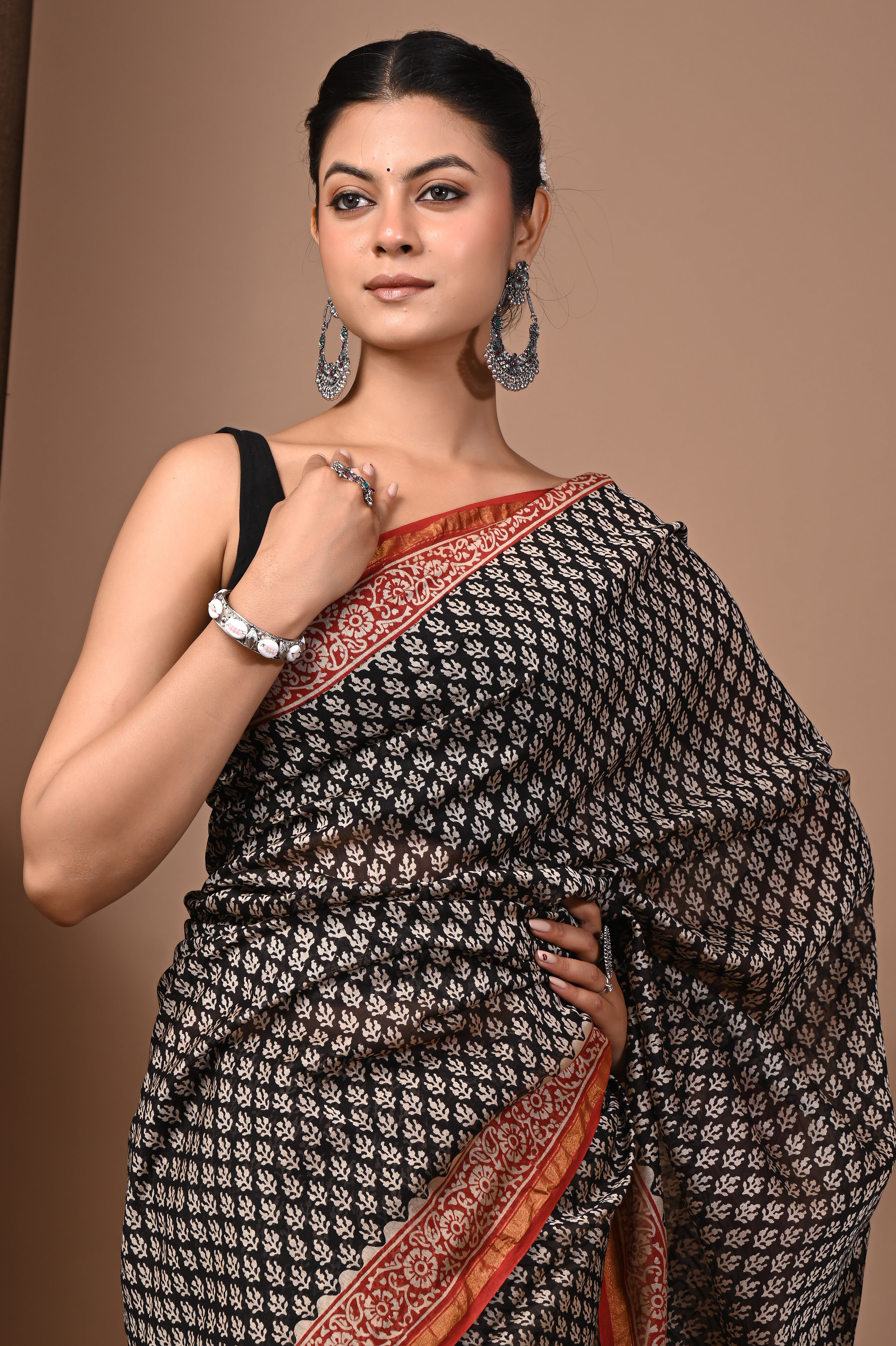 Deep Black Chanderi Silk Hand Printed Saree