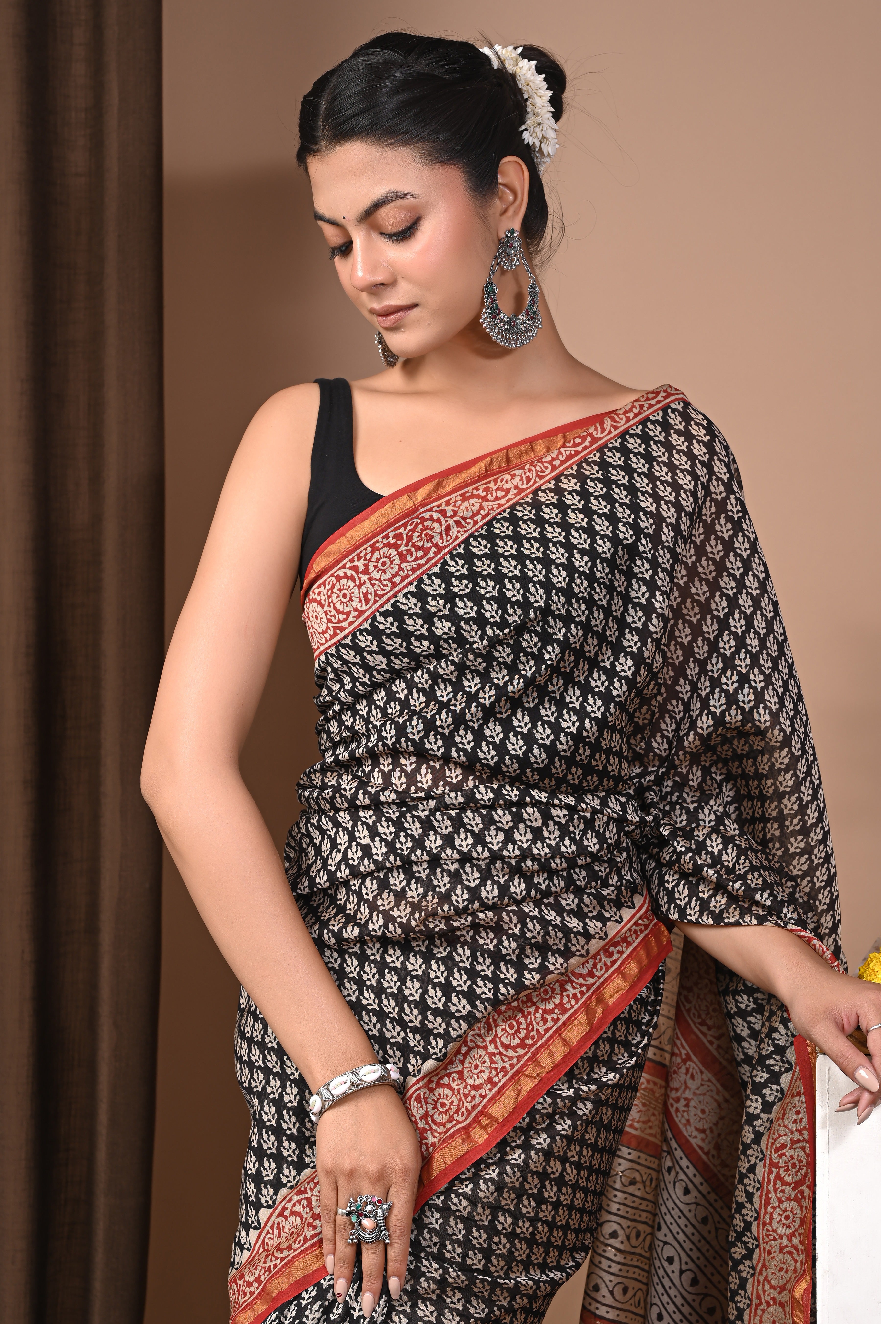 Deep Black Chanderi Silk Hand Printed Saree