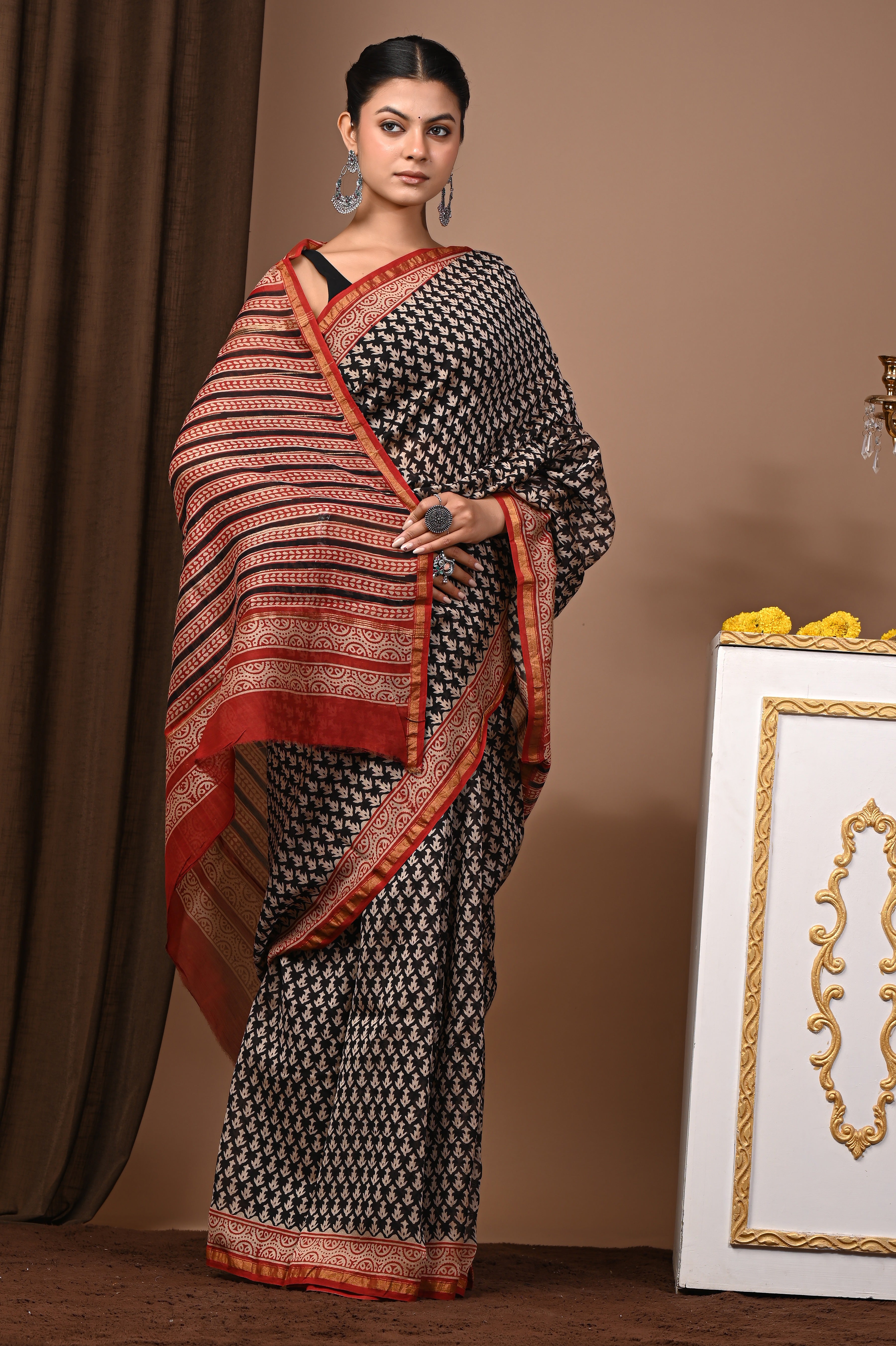 Classic Black Chanderi Silk Hand Printed Saree