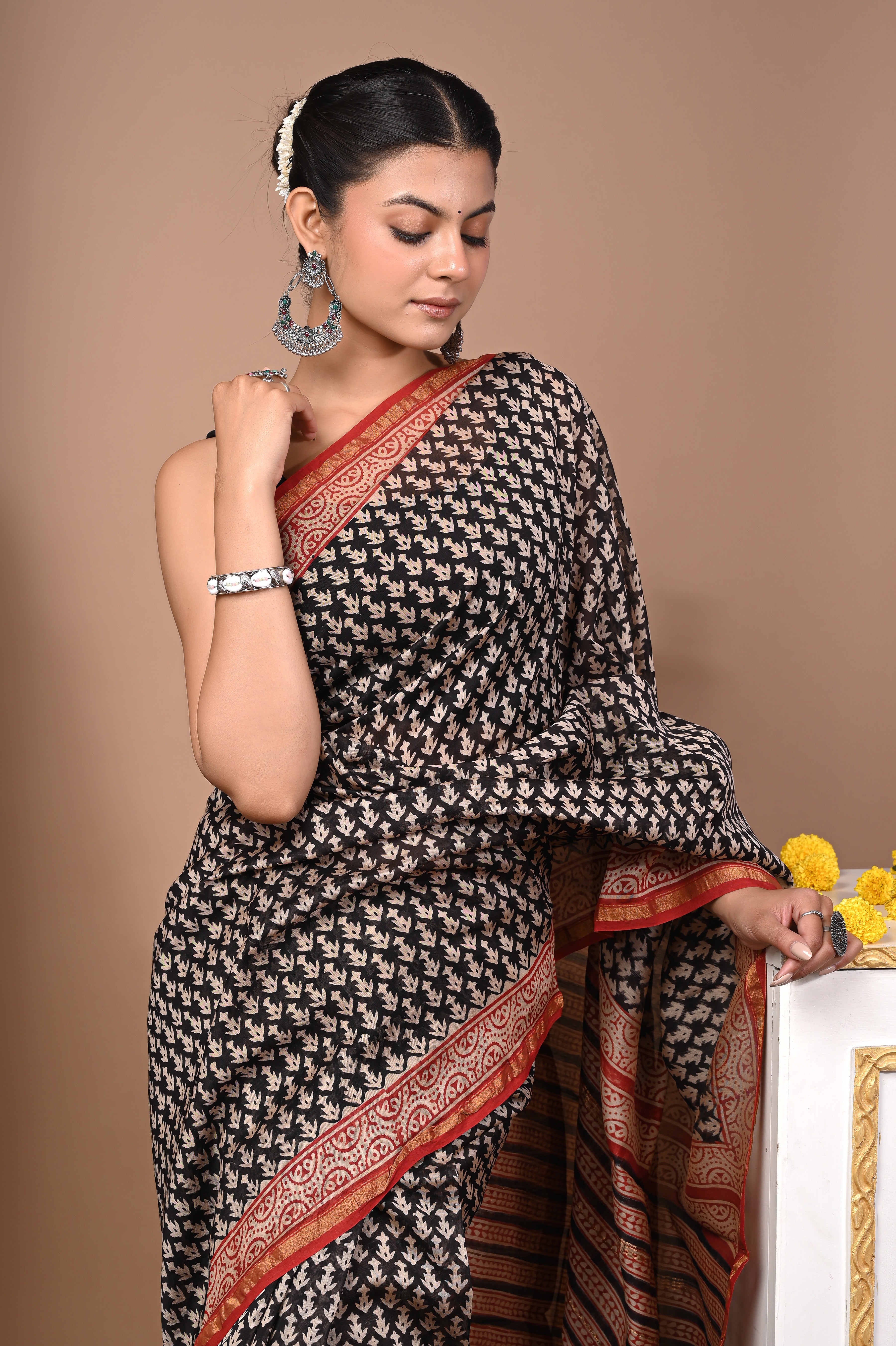 Classic Black Chanderi Silk Hand Printed Saree