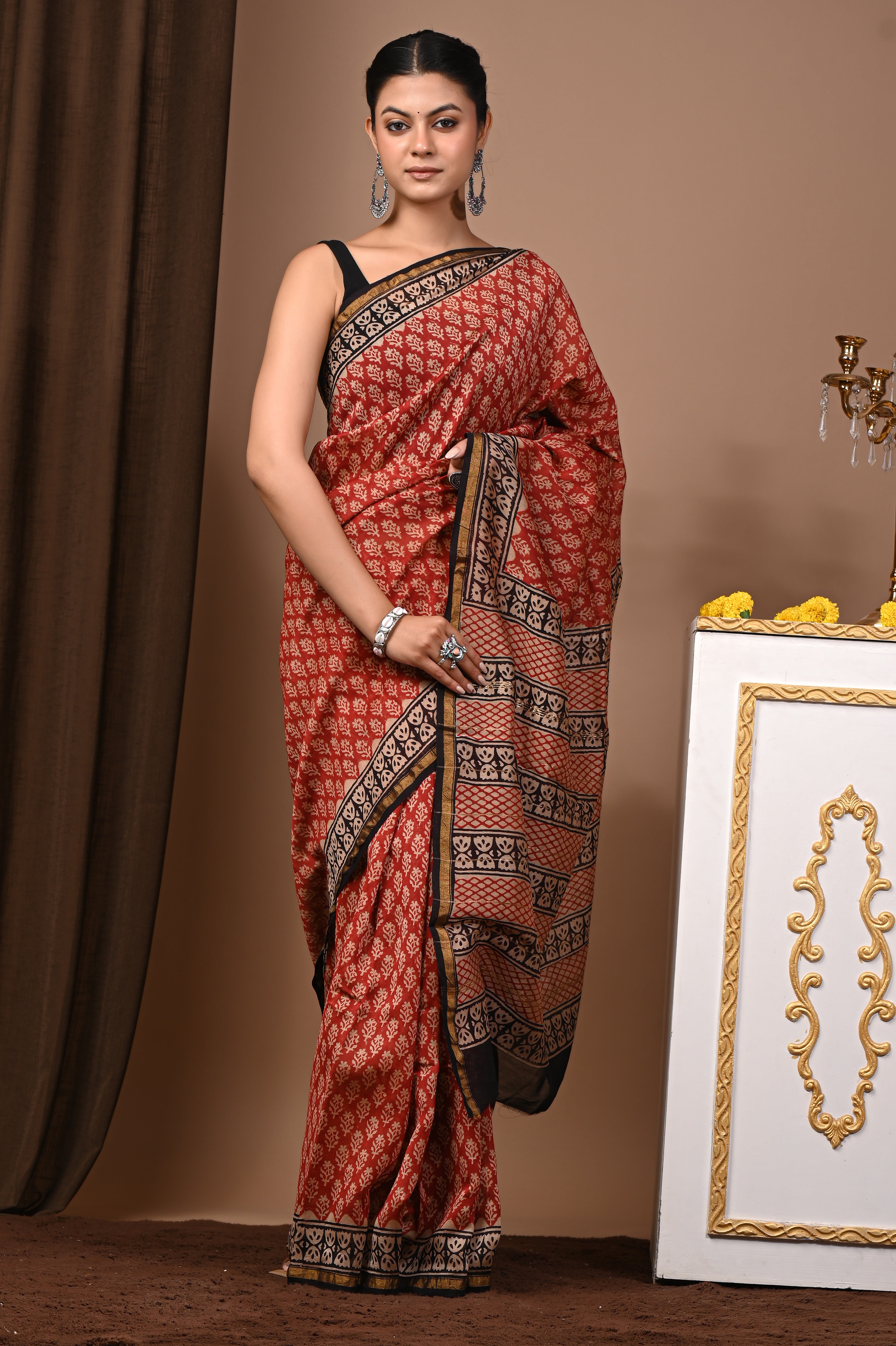 Brick Red Chanderi Silk Hand Printed Saree