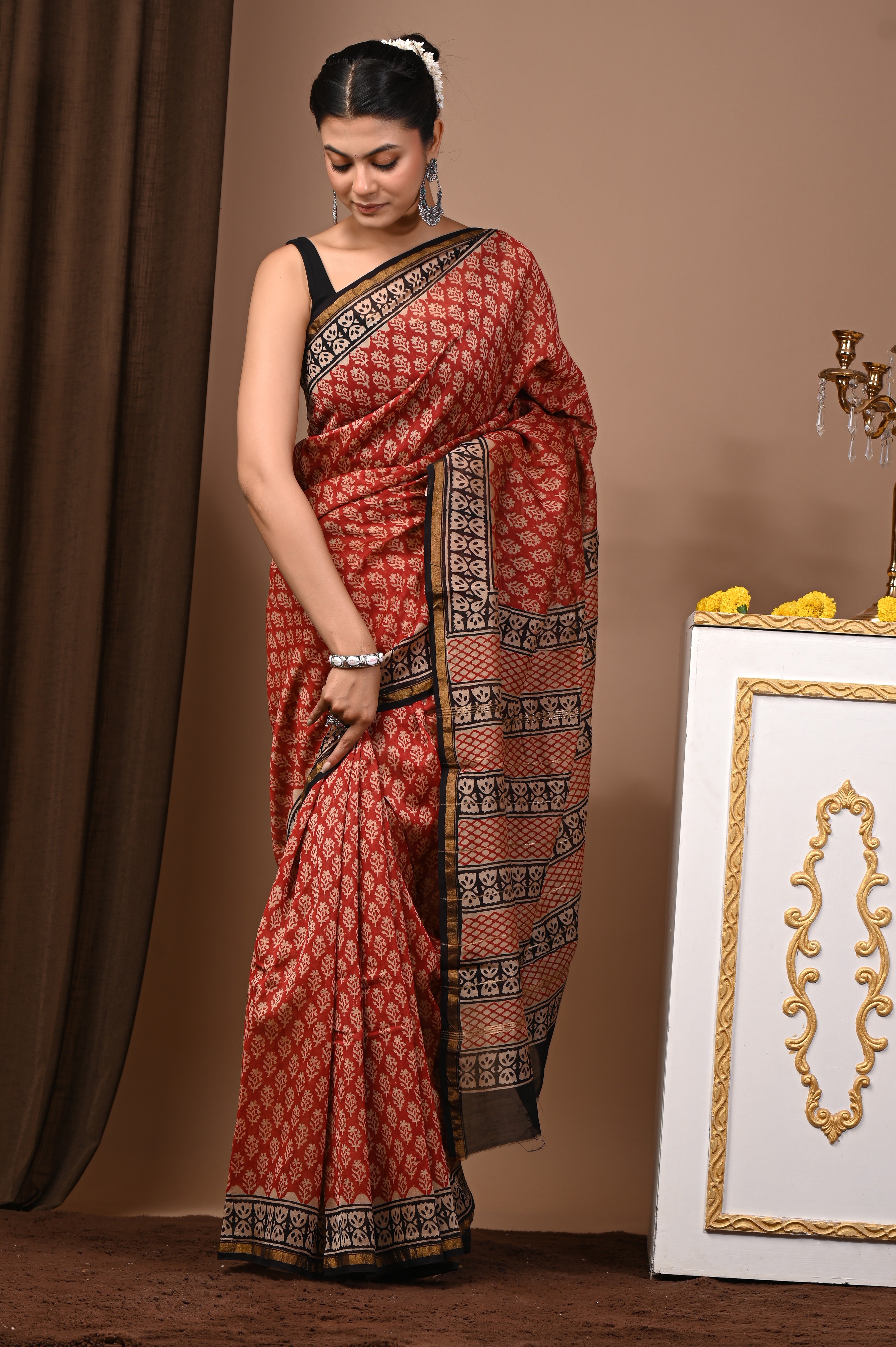 Brick Red Chanderi Silk Hand Printed Saree