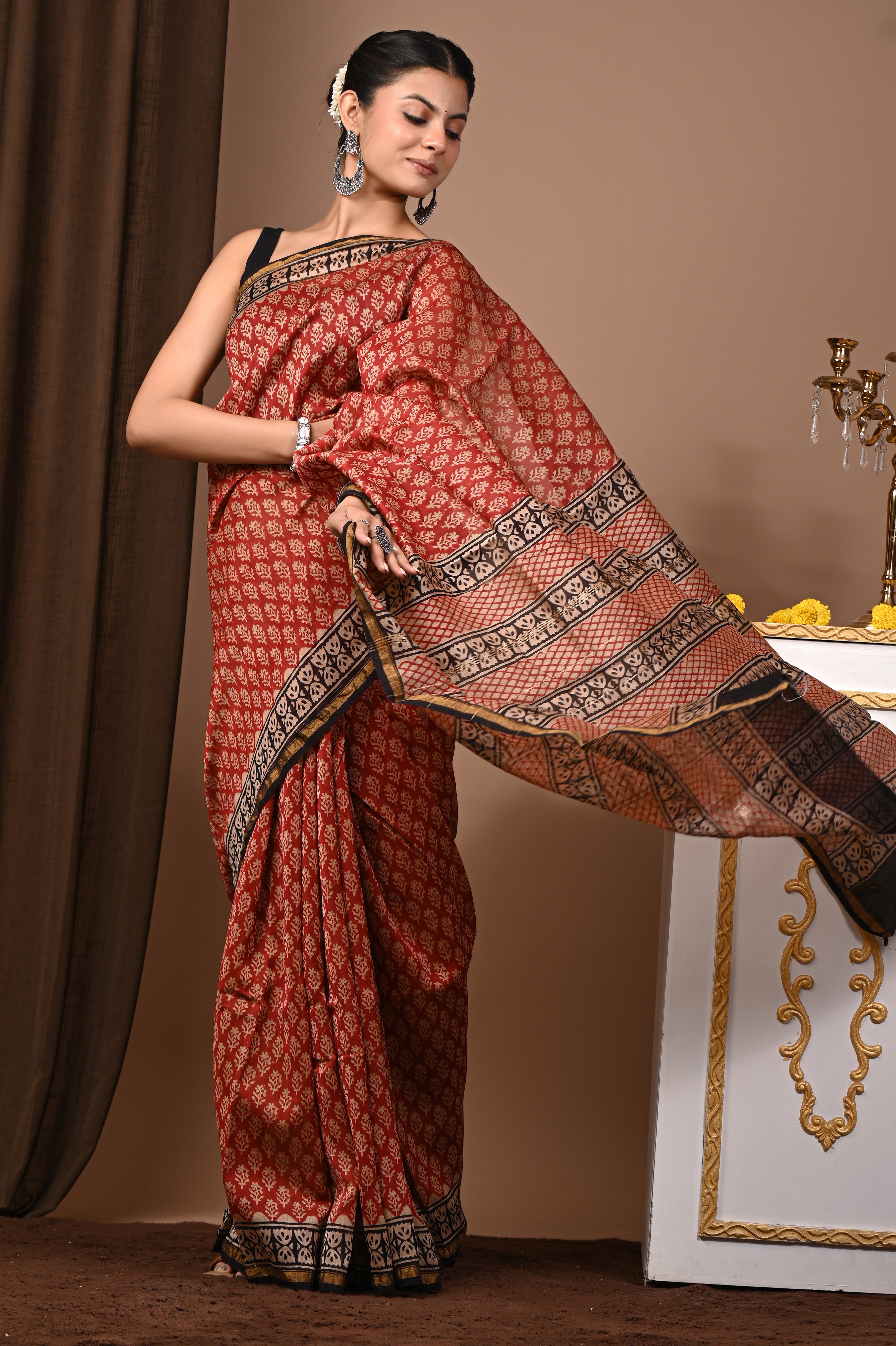 Brick Red Chanderi Silk Hand Printed Saree