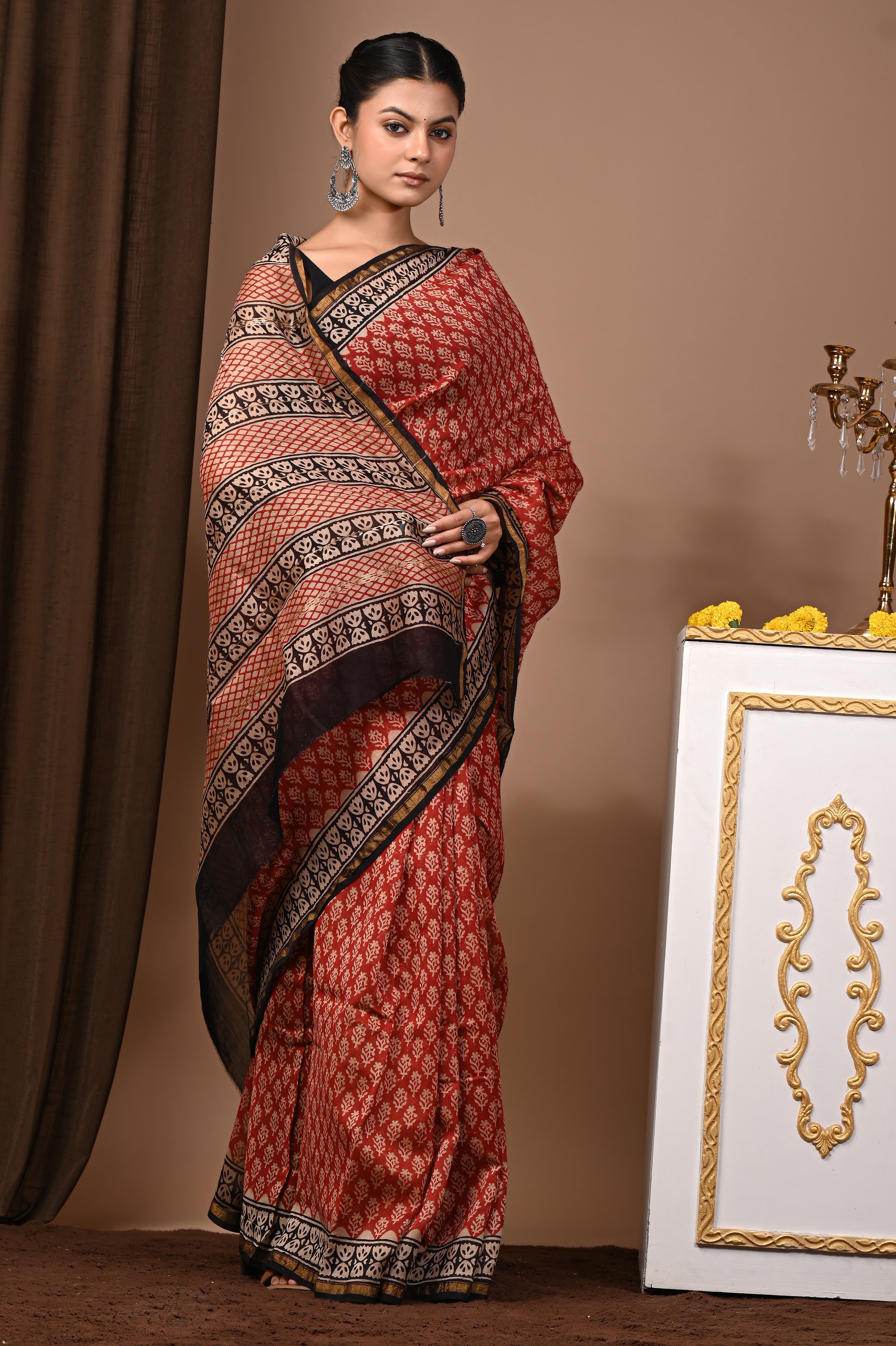 Brick Red Chanderi Silk Hand Printed Saree