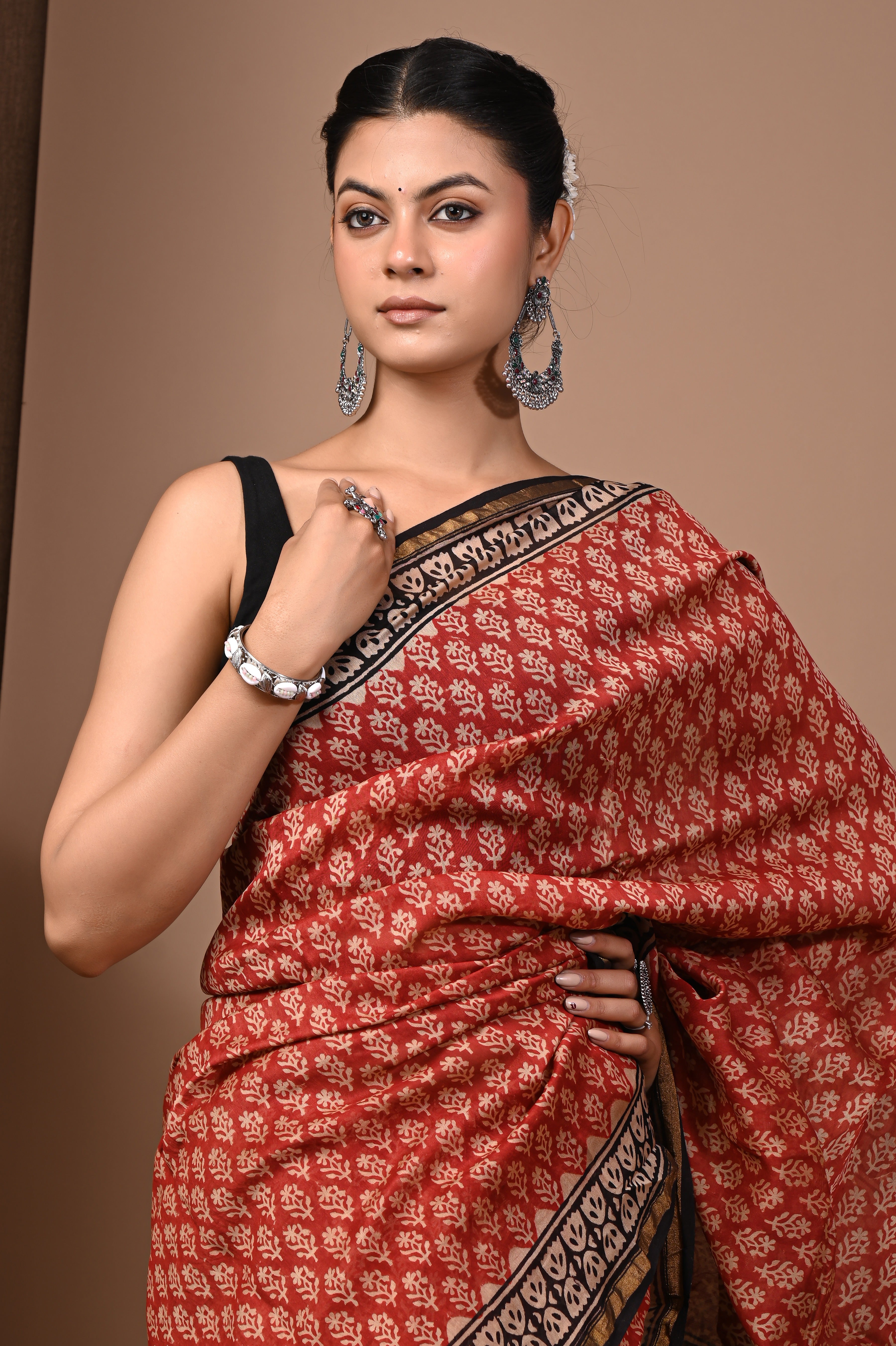 Brick Red Chanderi Silk Hand Printed Saree