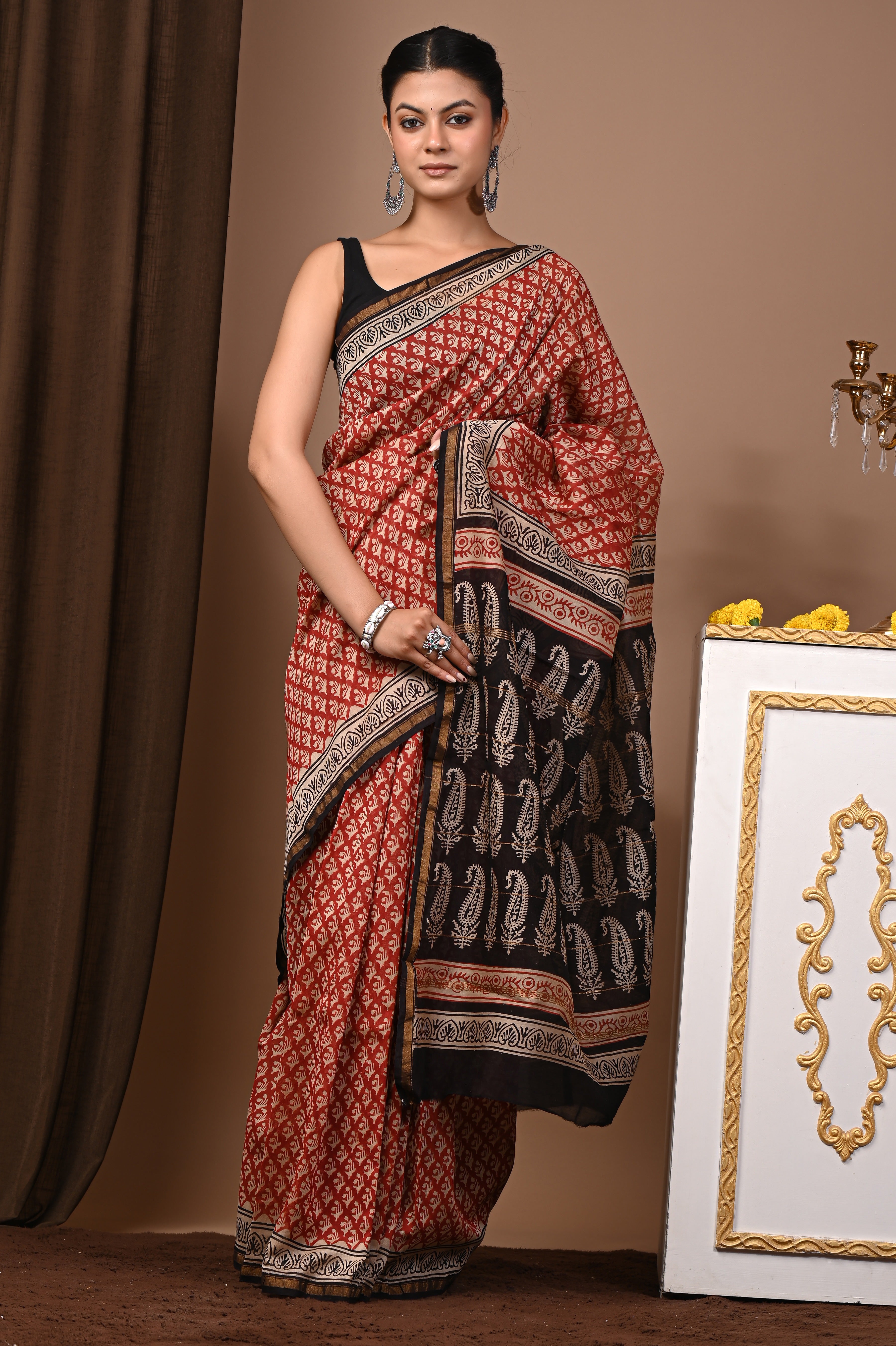 Rust Red Chanderi Silk Hand Printed Saree