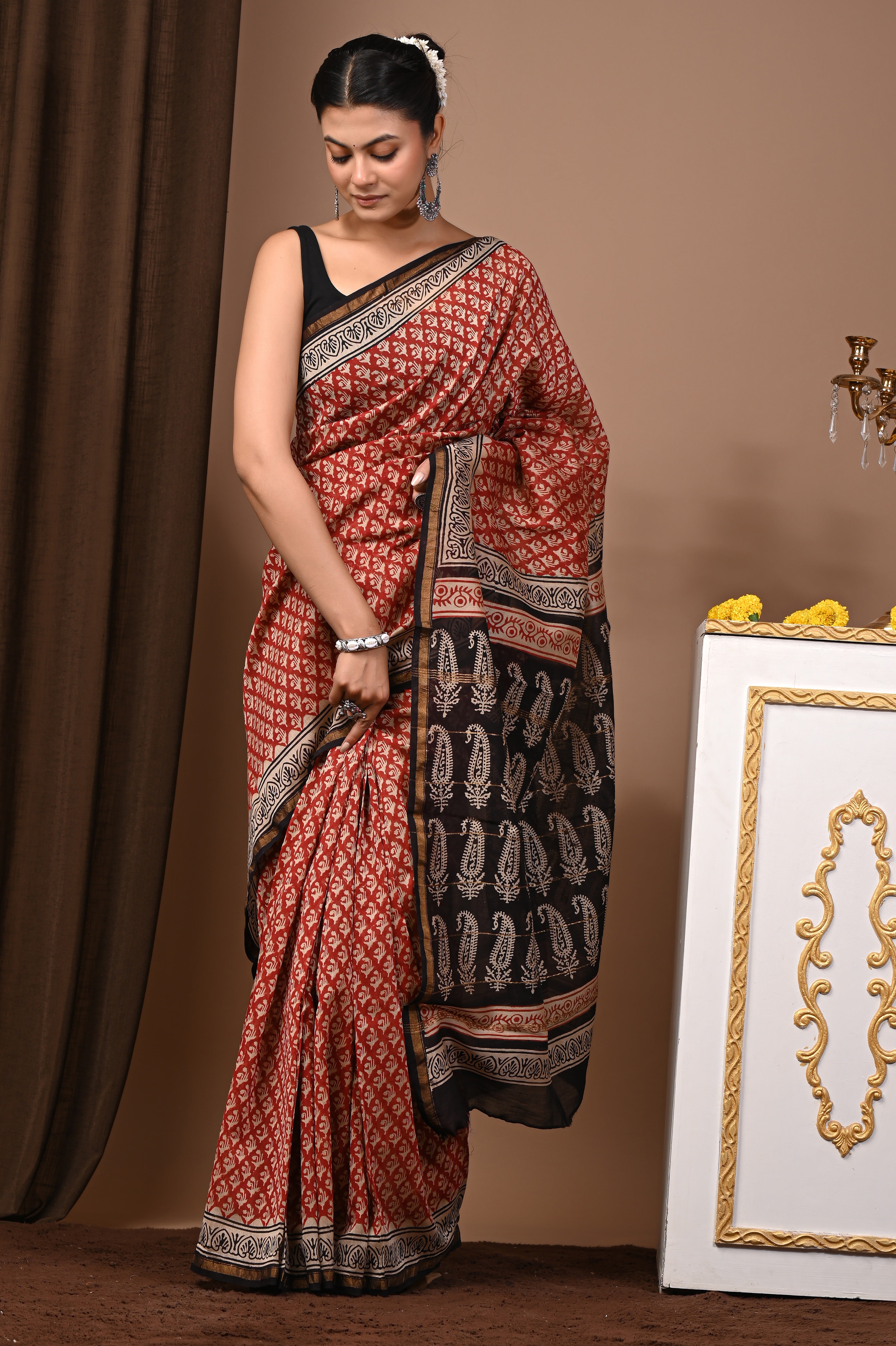 Rust Red Chanderi Silk Hand Printed Saree