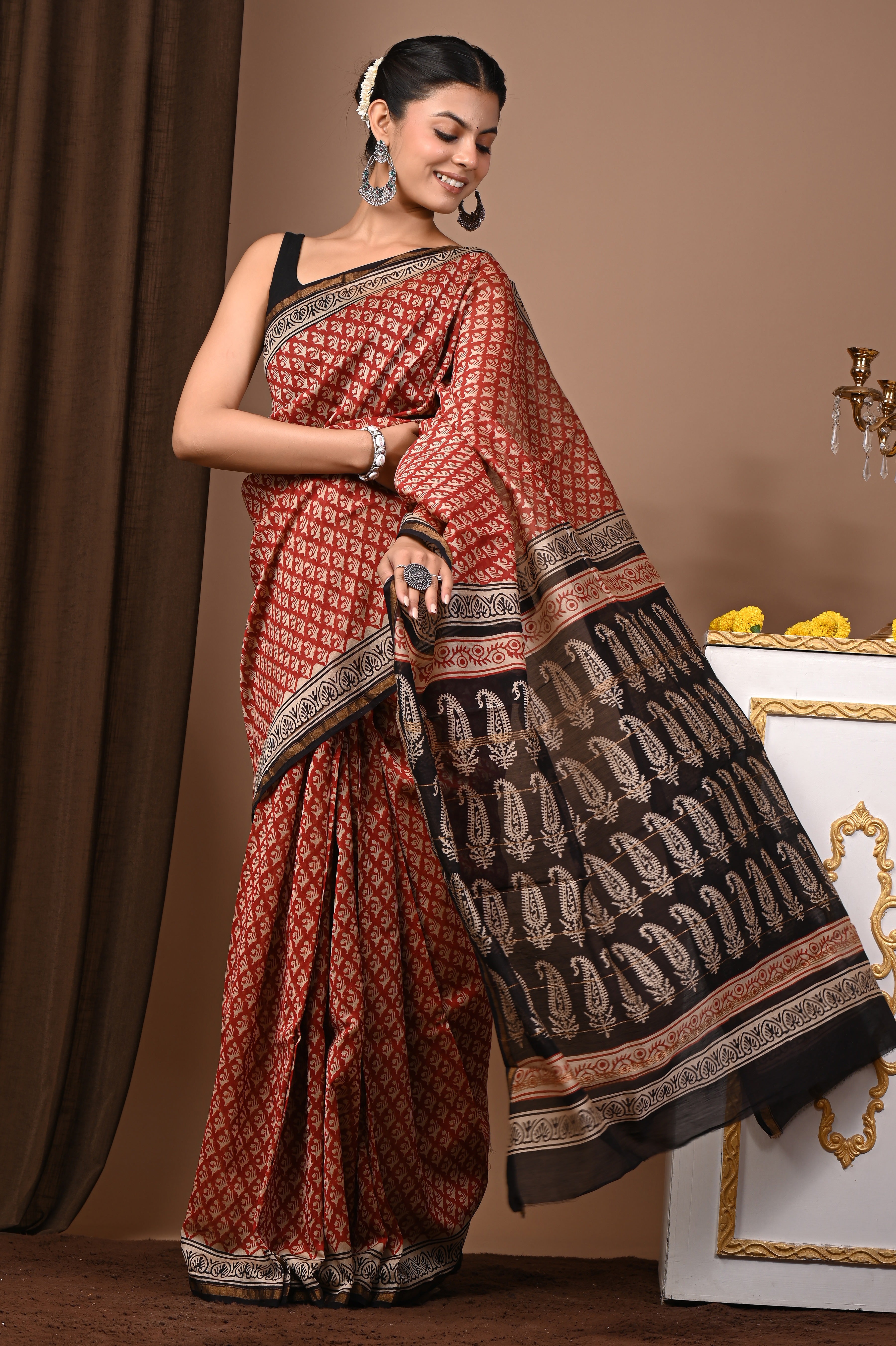 Rust Red Chanderi Silk Hand Printed Saree