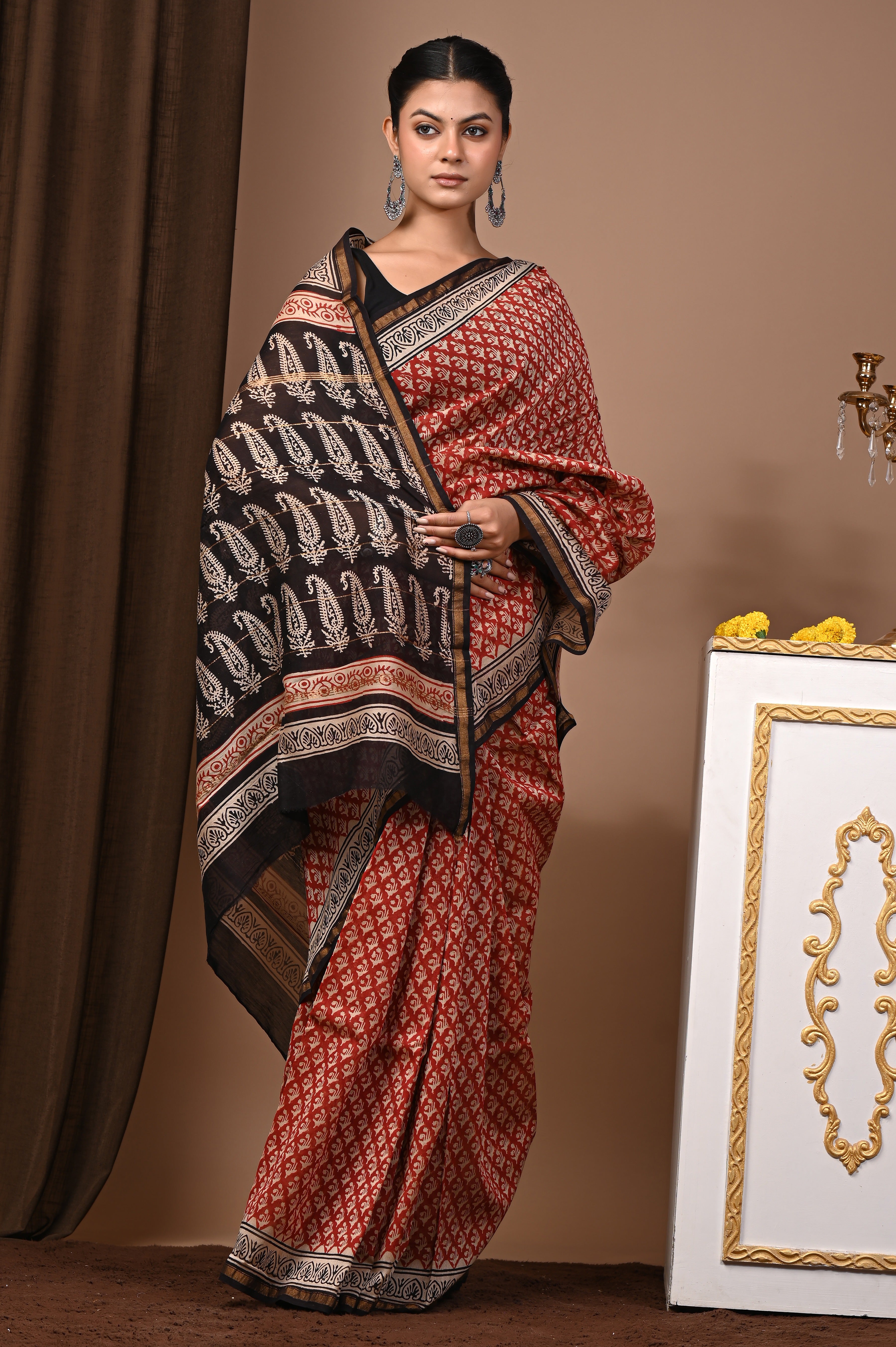 Rust Red Chanderi Silk Hand Printed Saree