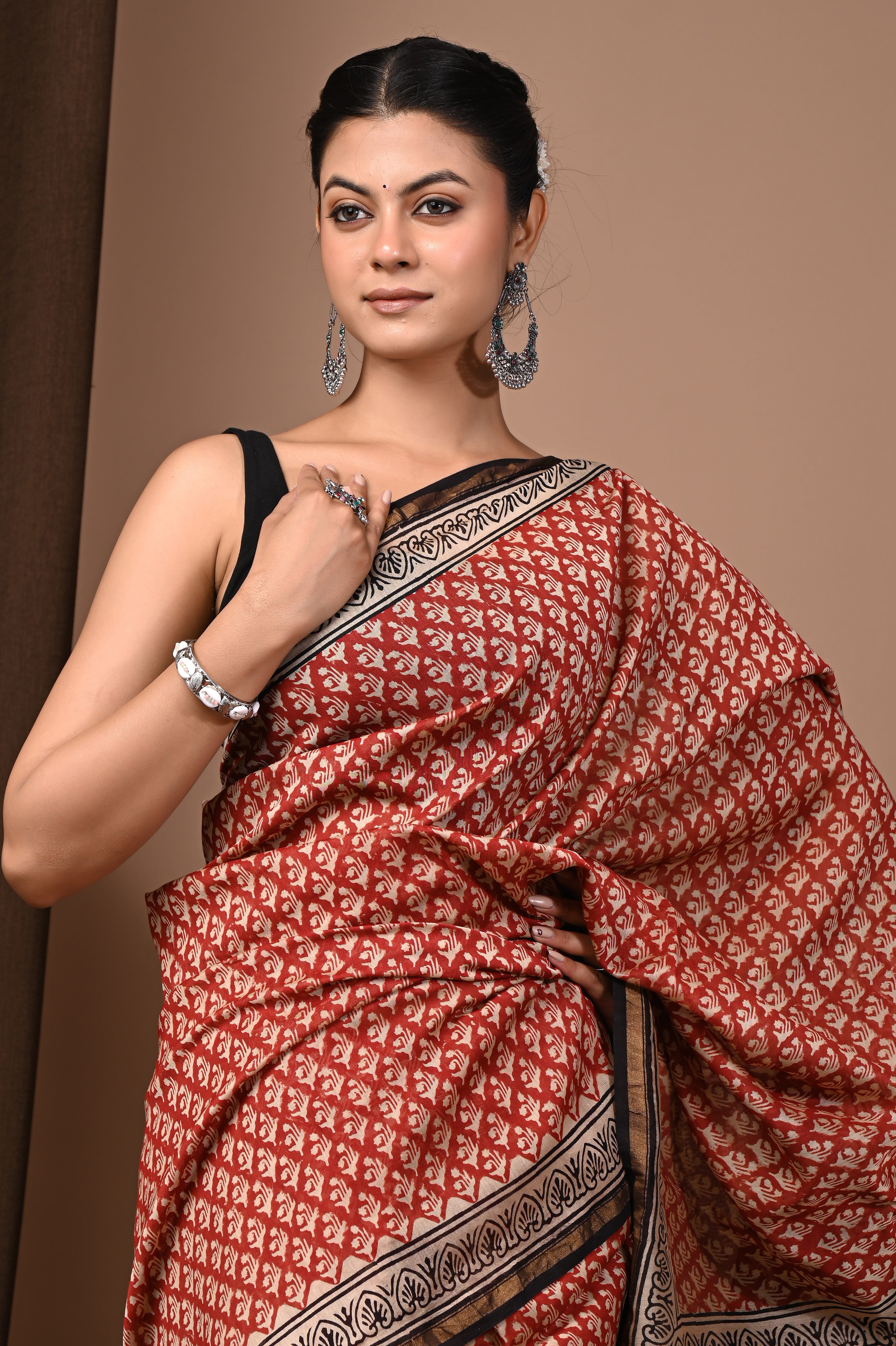 Rust Red Chanderi Silk Hand Printed Saree