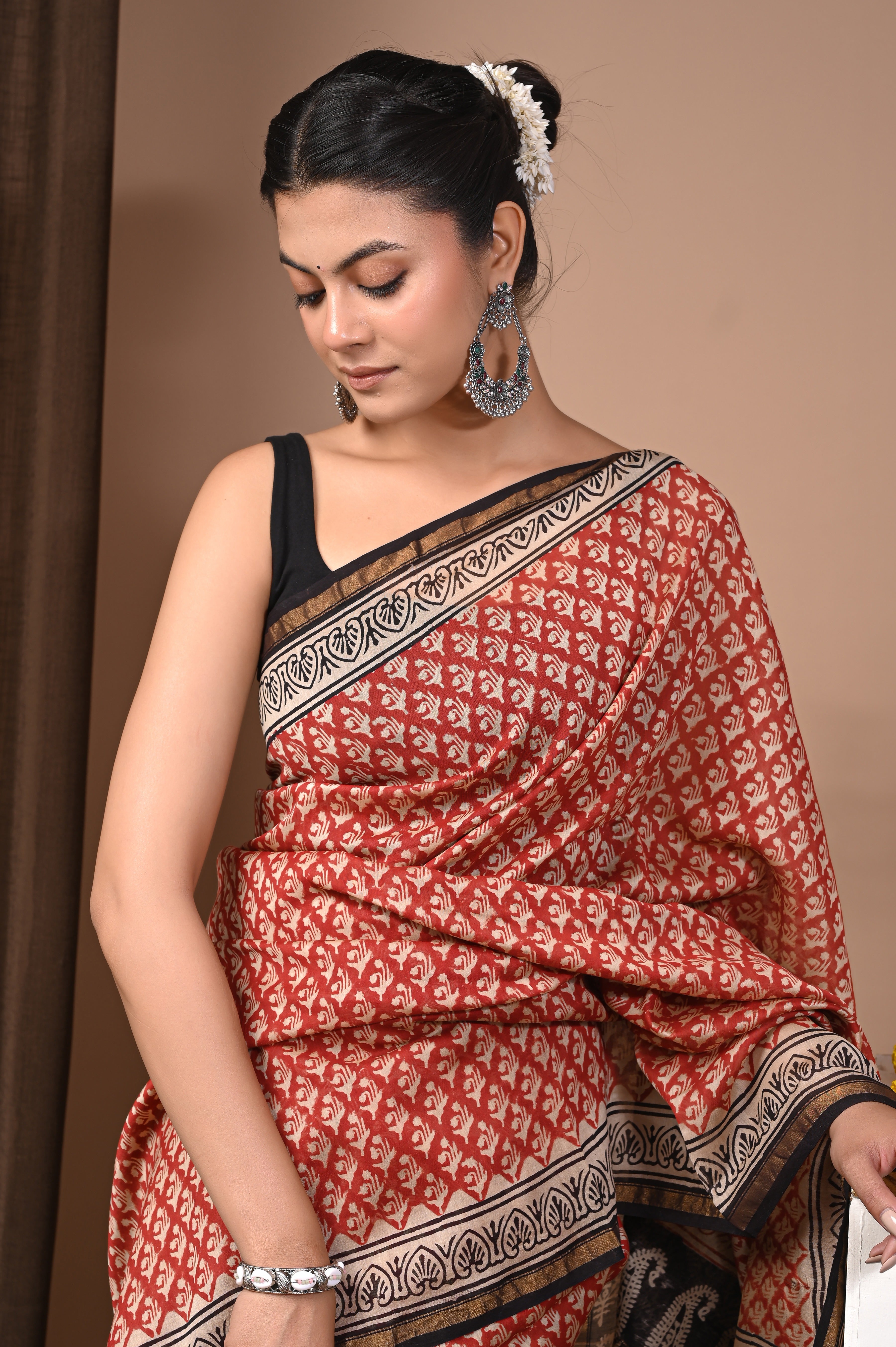 Rust Red Chanderi Silk Hand Printed Saree