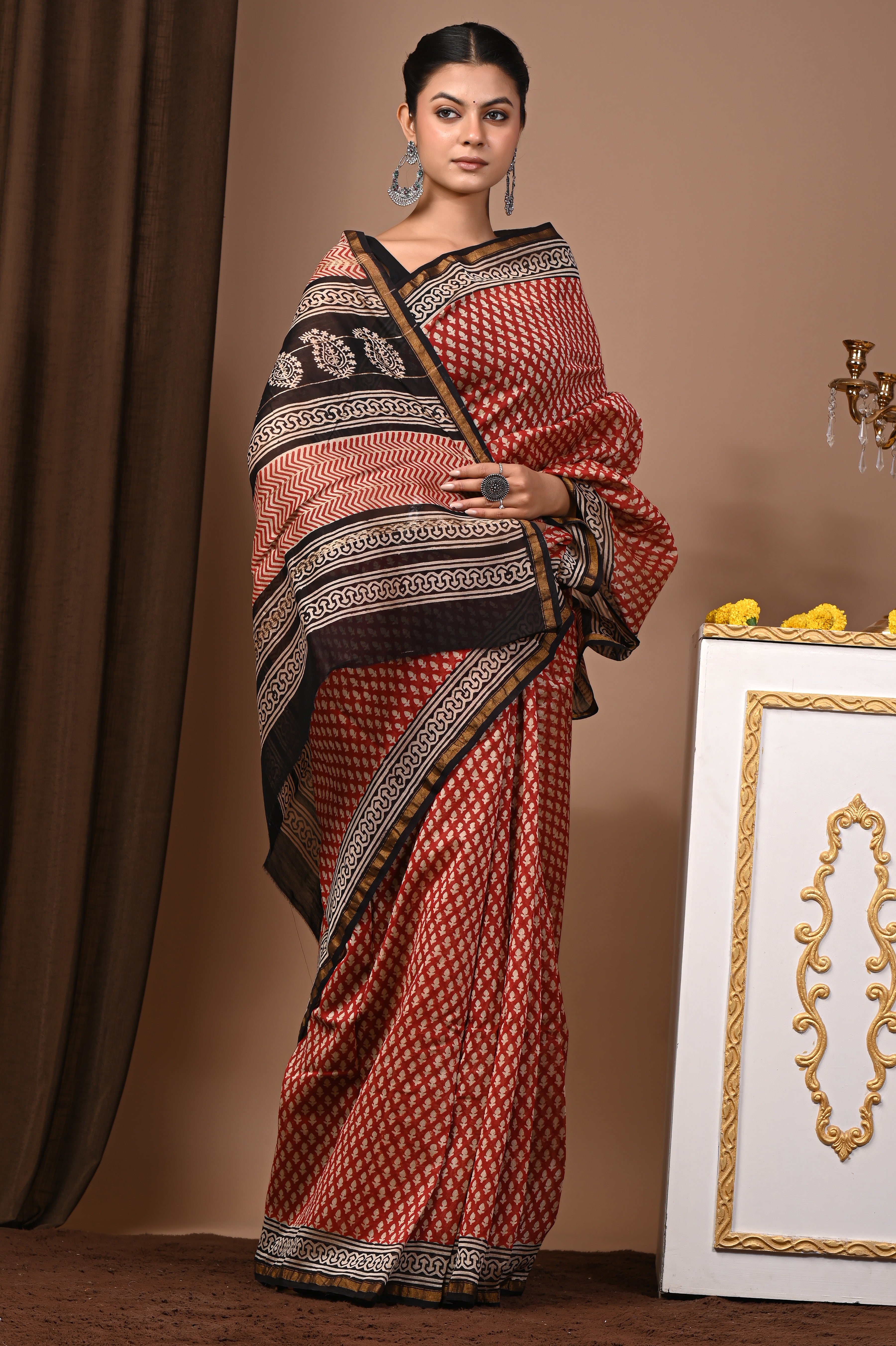 Rust Red Chanderi Silk Hand Printed Saree