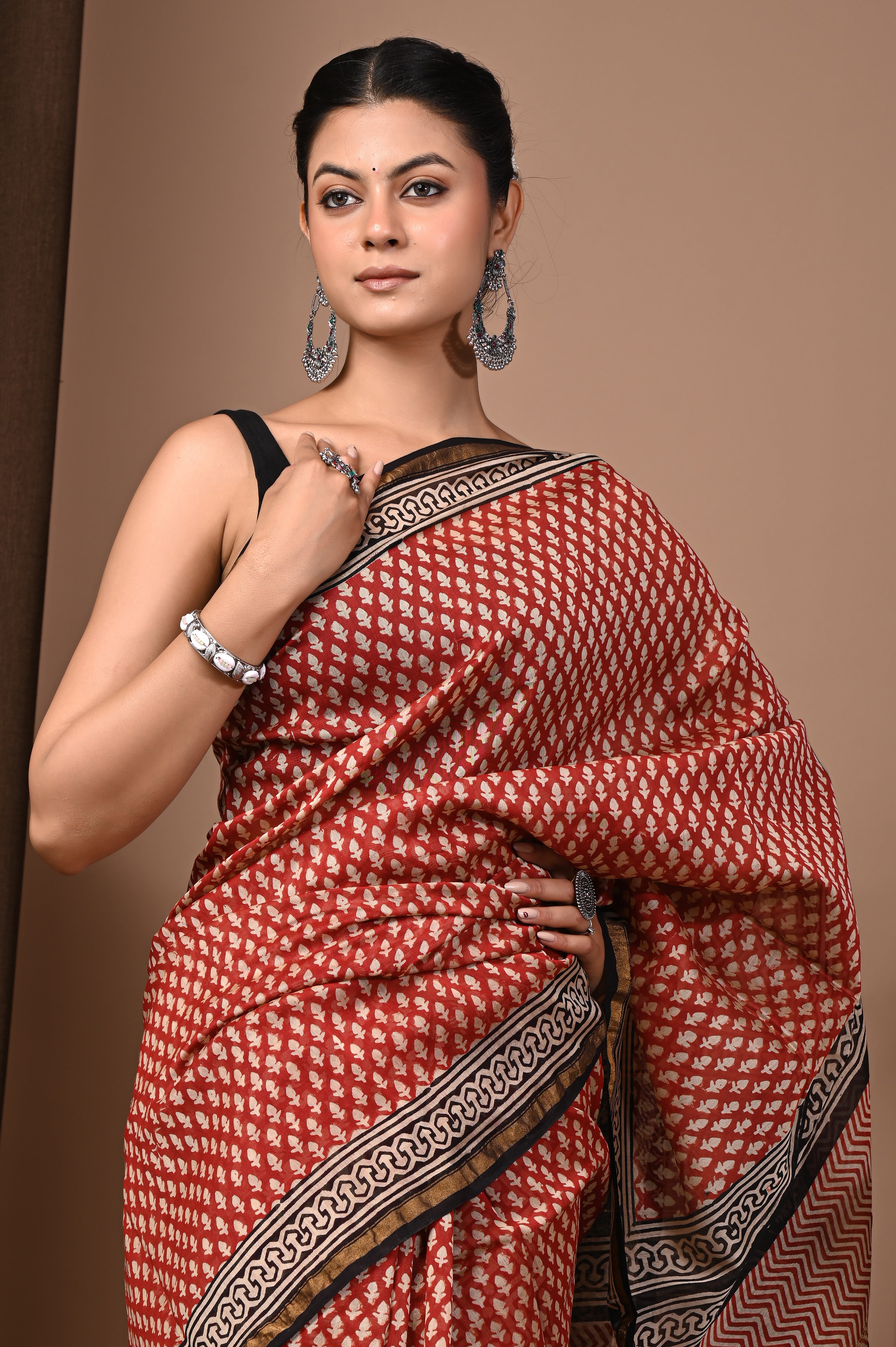 Rust Red Chanderi Silk Hand Printed Saree