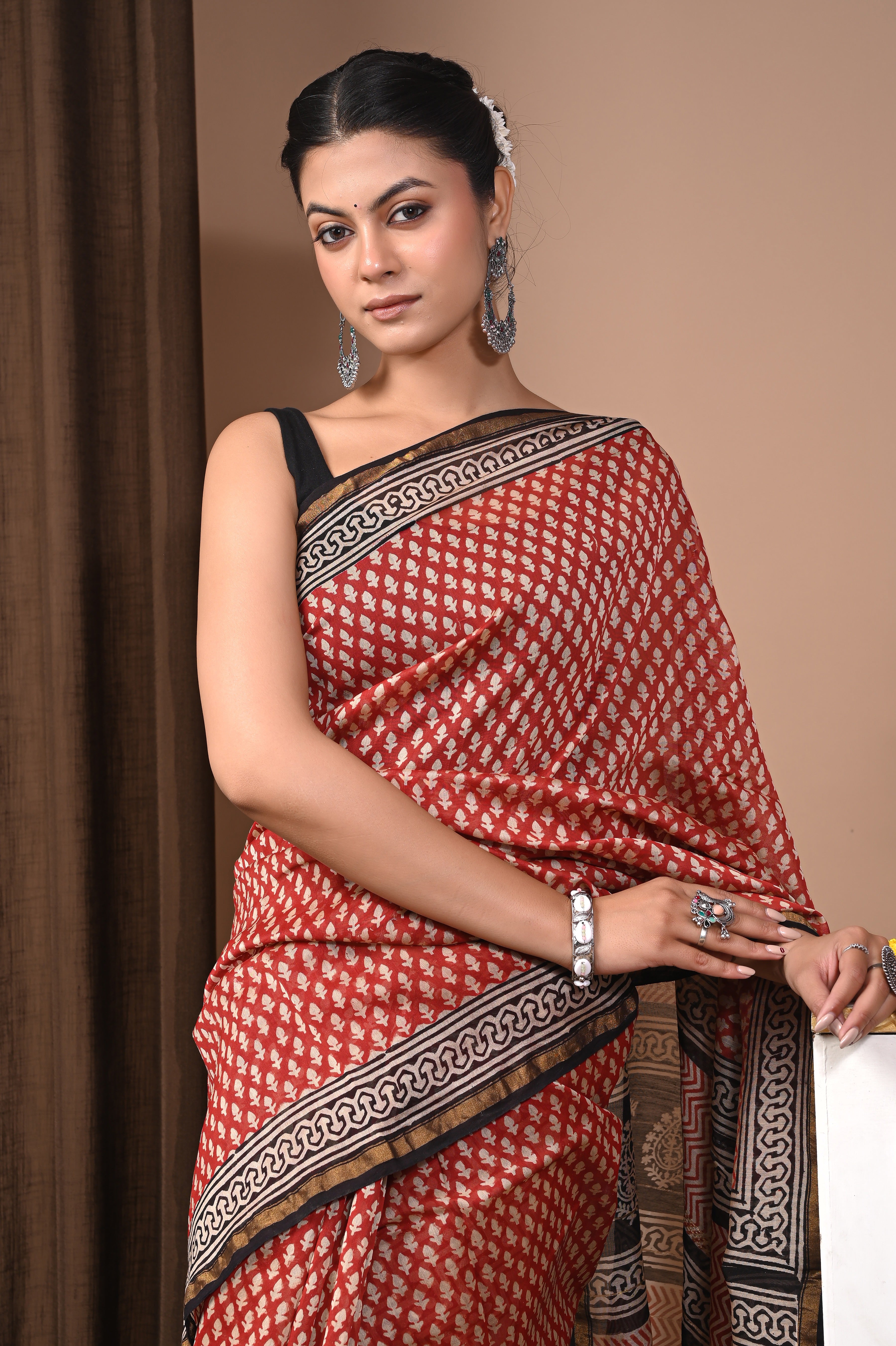 Rust Red Chanderi Silk Hand Printed Saree