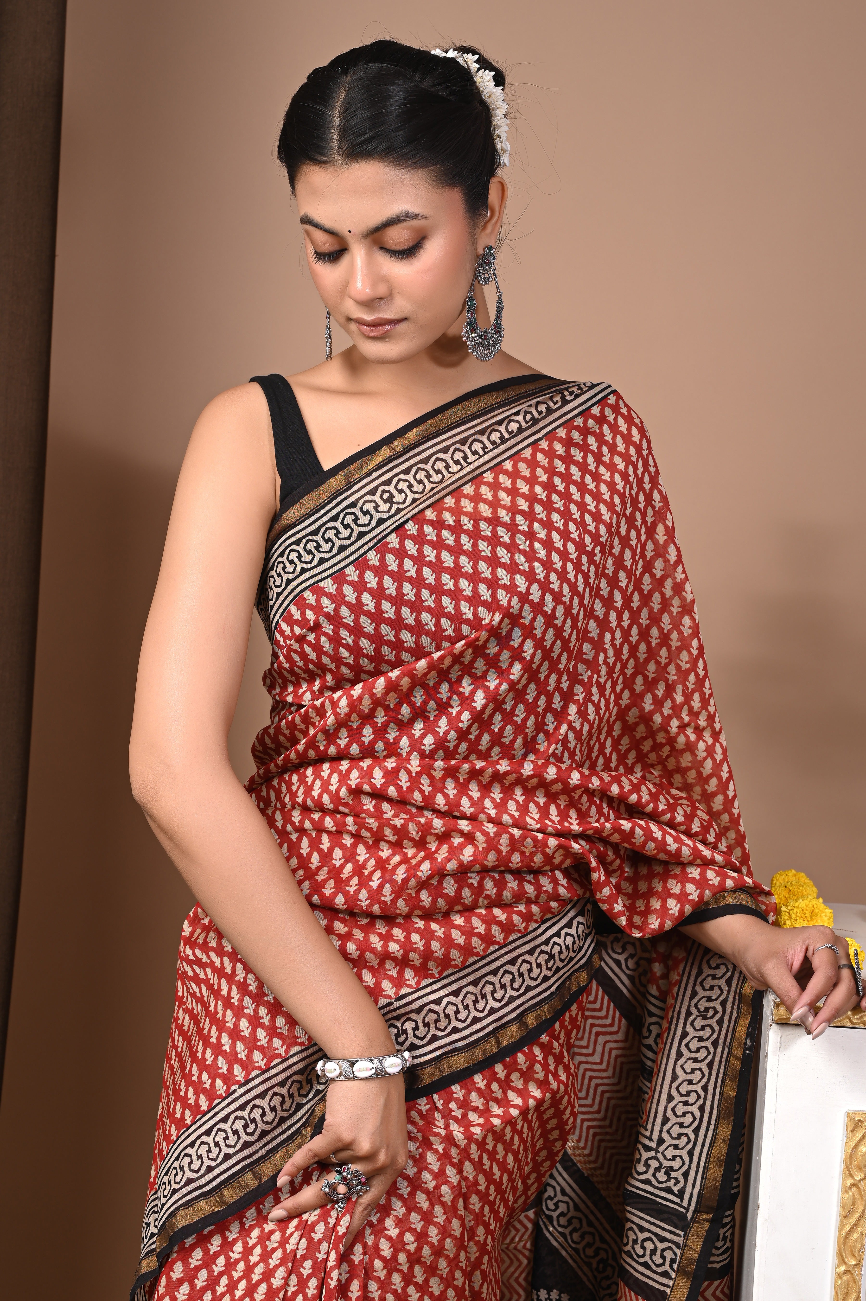 Rust Red Chanderi Silk Hand Printed Saree