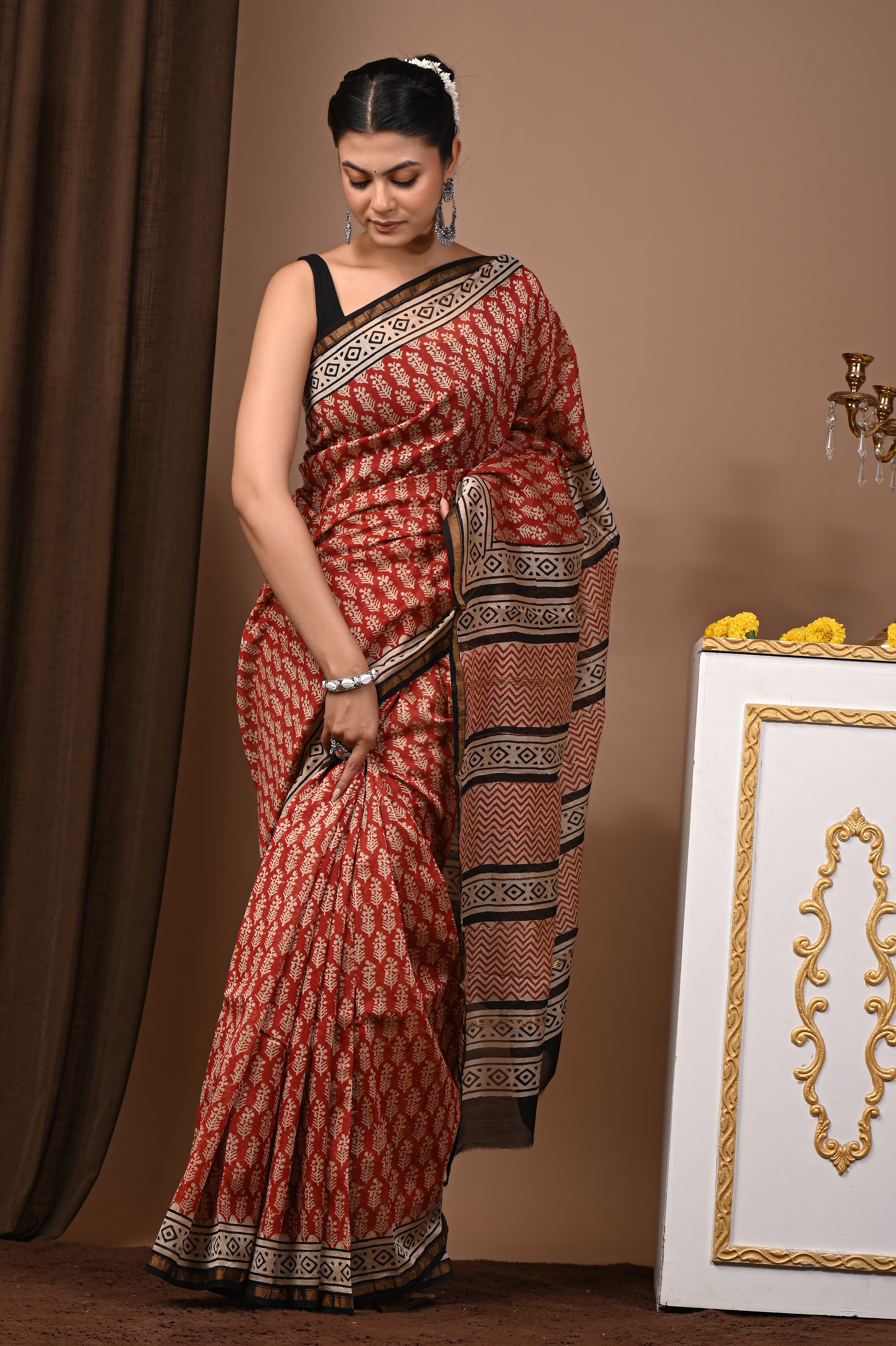 Rust Red Chanderi Silk Hand Printed Saree