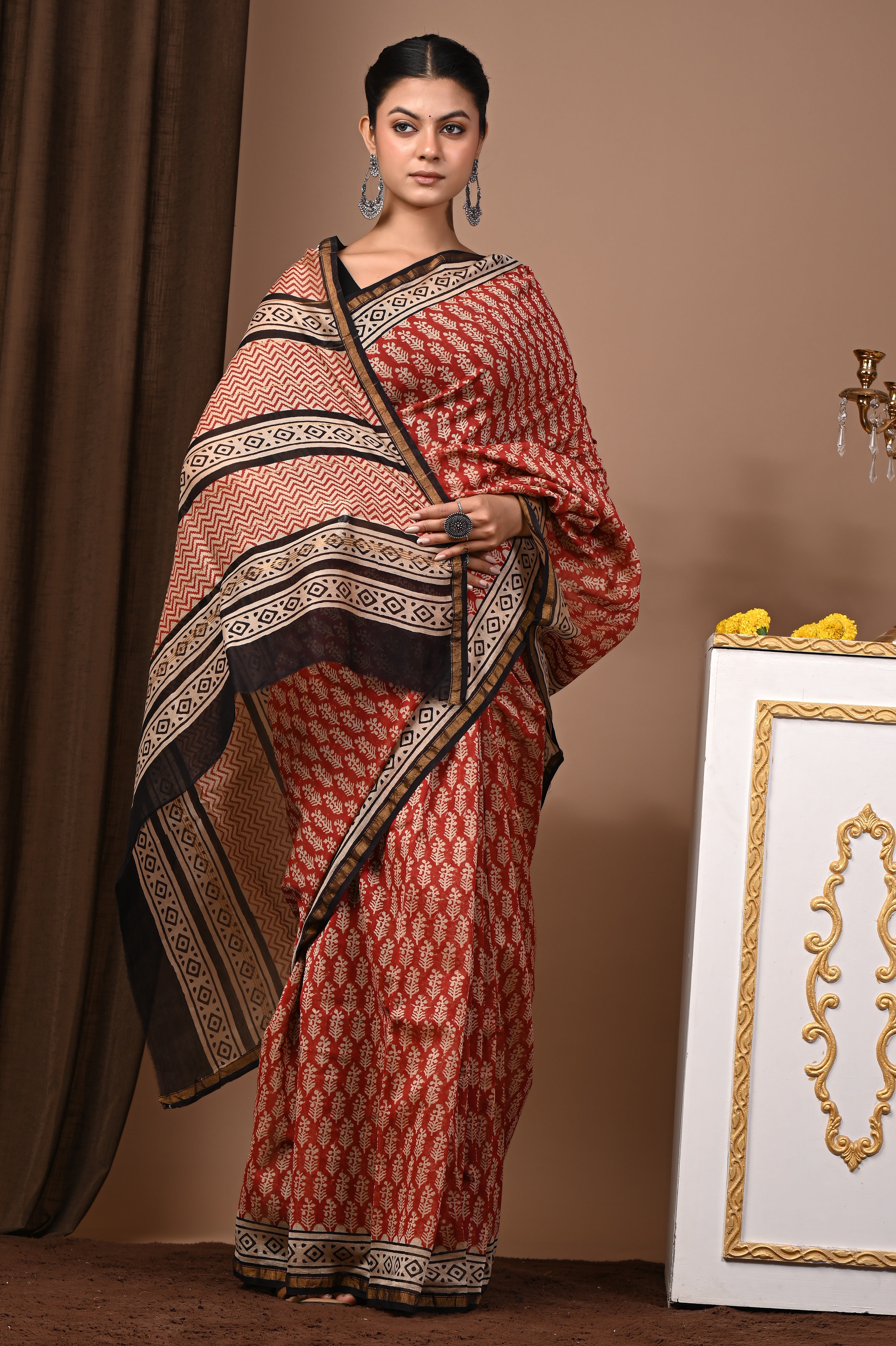 Rust Red Chanderi Silk Hand Printed Saree