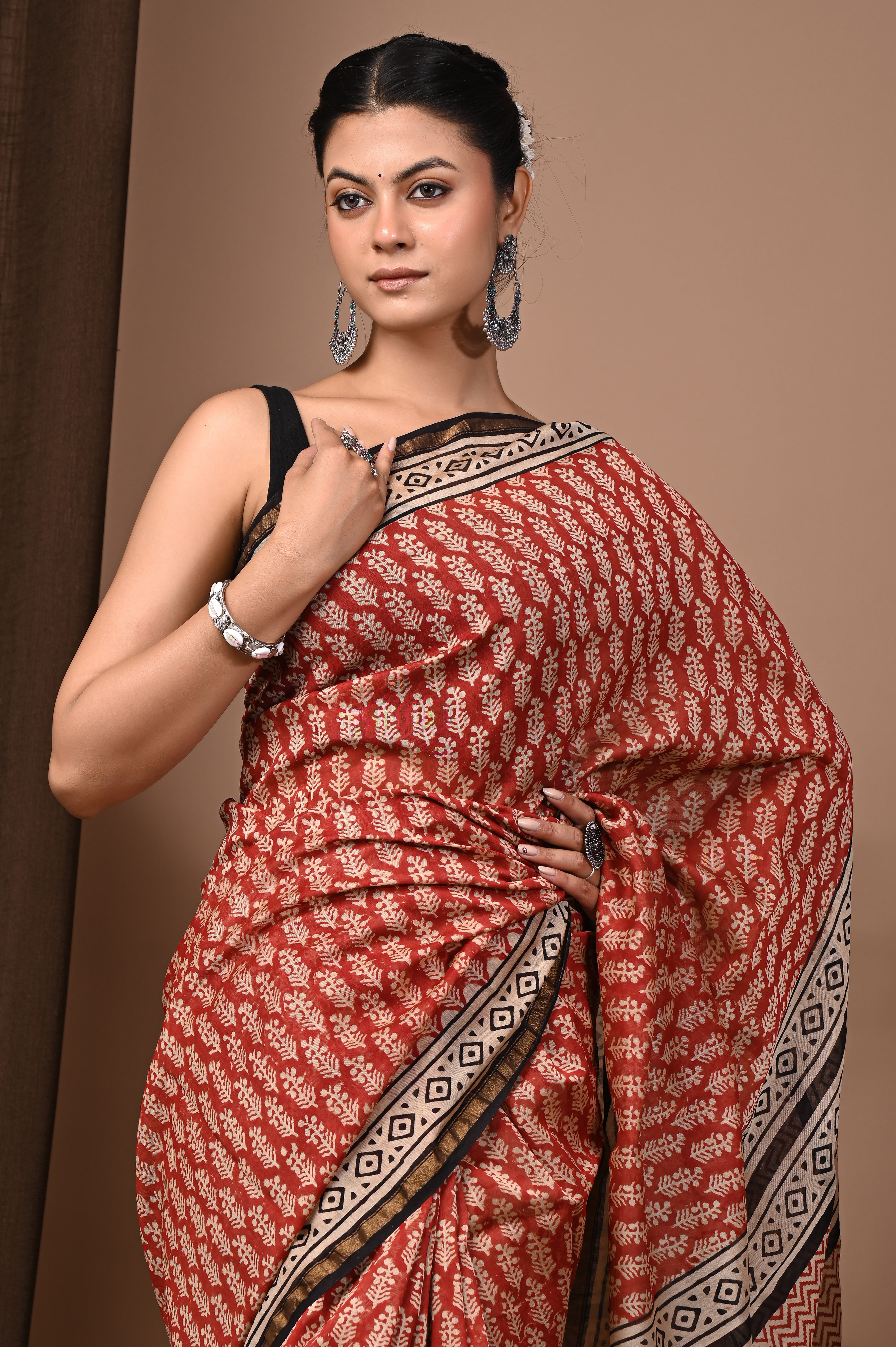 Rust Red Chanderi Silk Hand Printed Saree