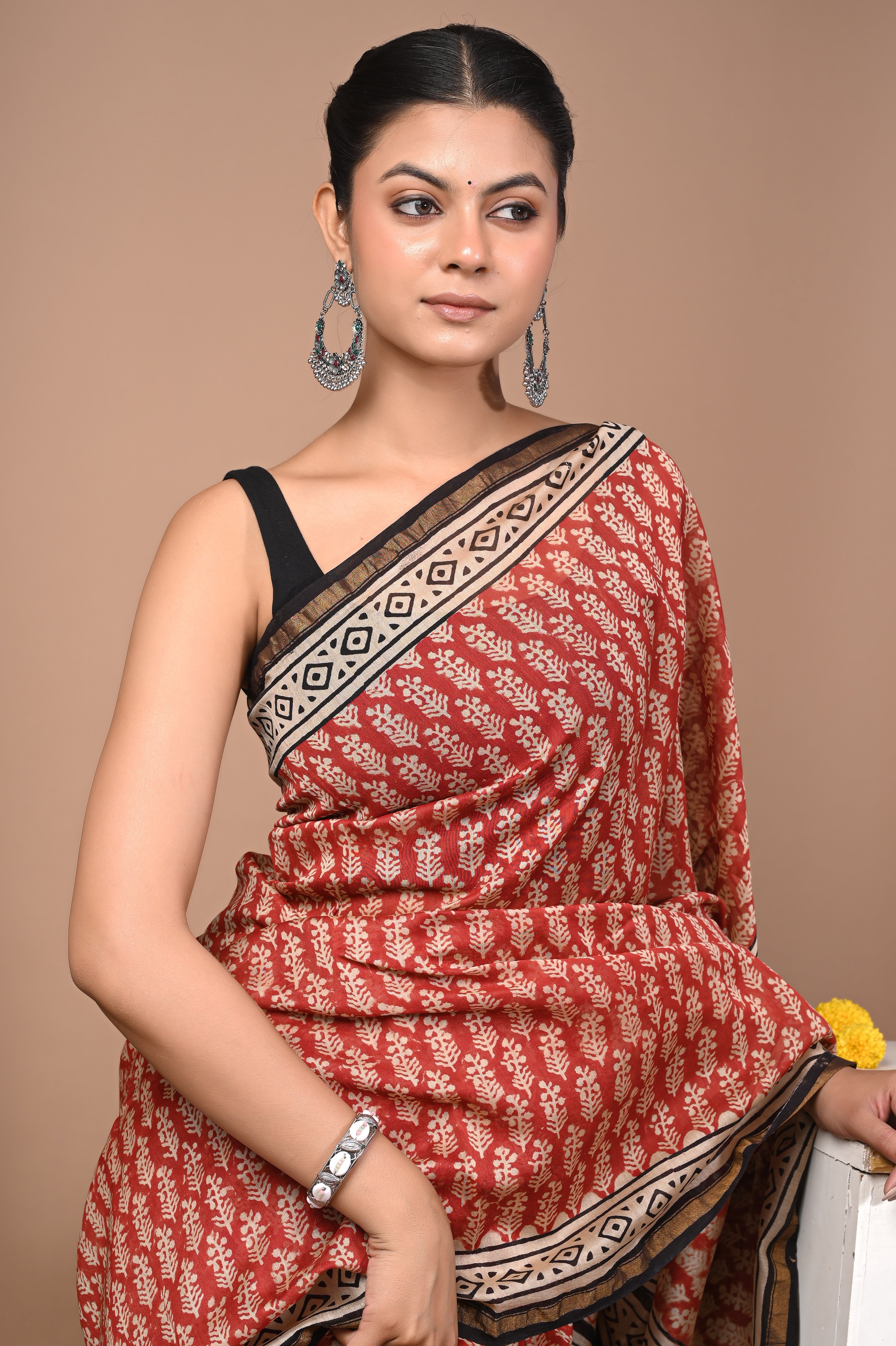 Rust Red Chanderi Silk Hand Printed Saree