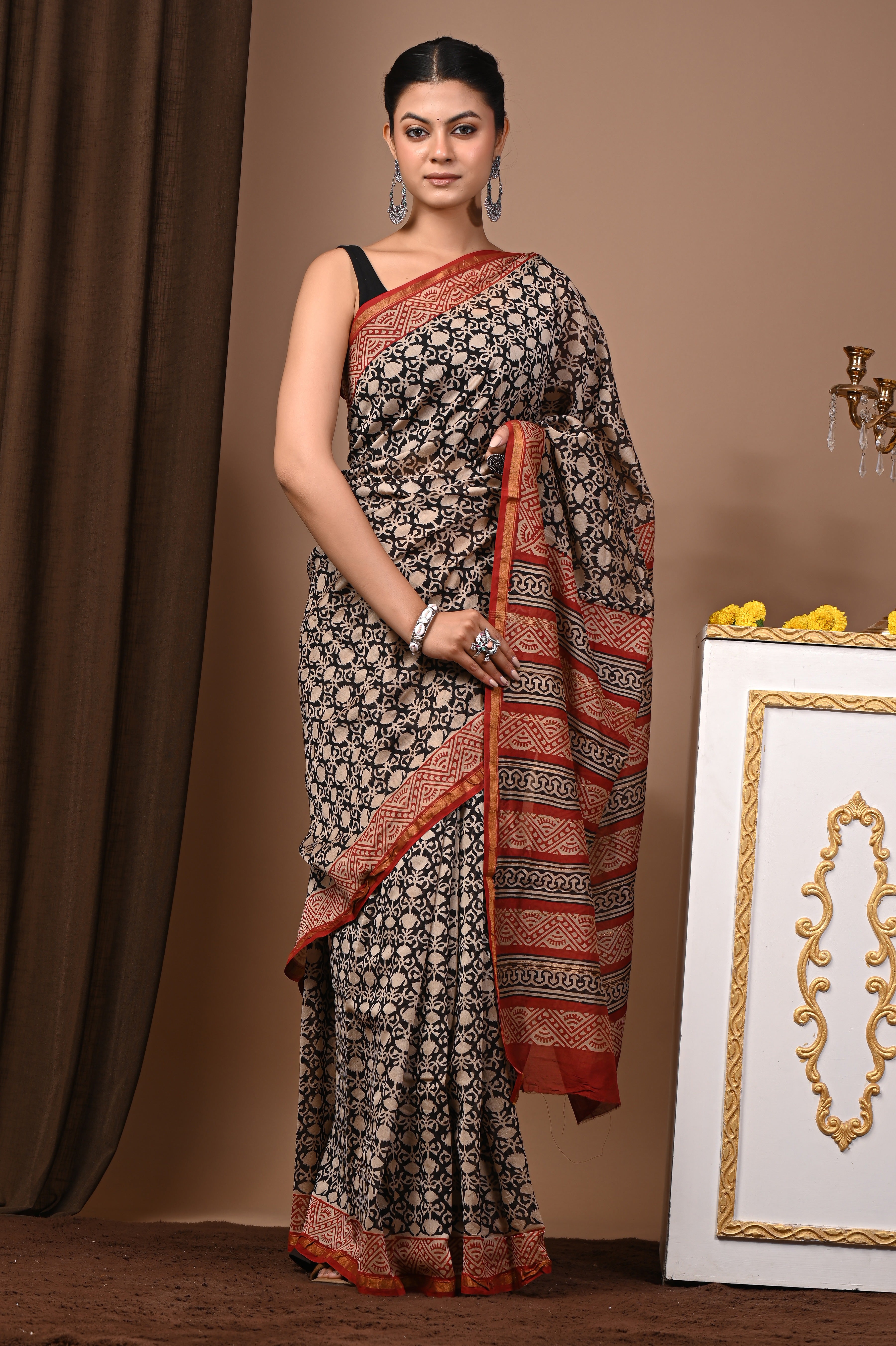 Black Chanderi Silk Hand Printed Saree